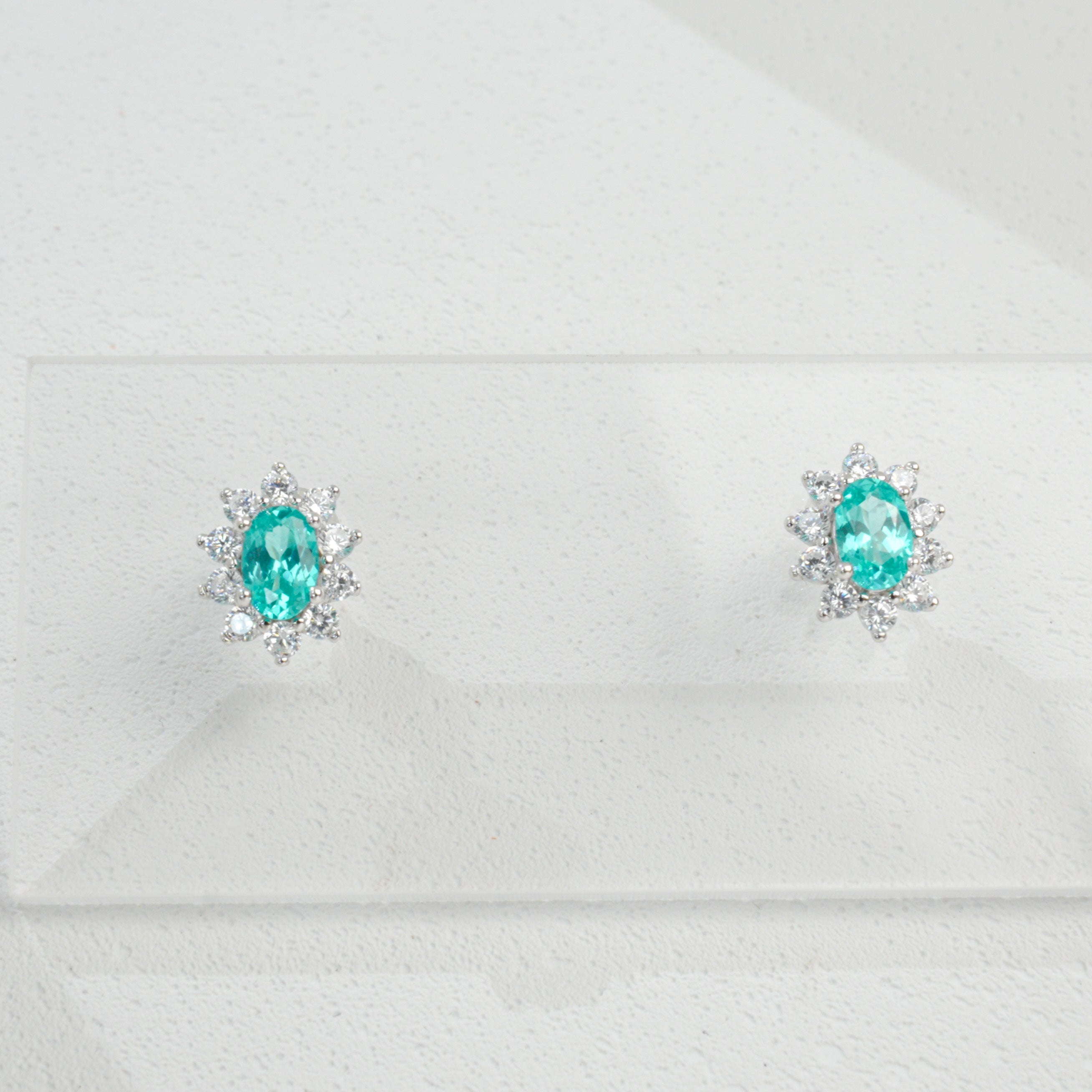 Lab-Grown Paraiba Color YAG Stud Earrings | S925 Sterling Silver Plated 18K Gold, Oval Cut Halo Zircon Accents, Luxury Gemstone Jewelry for Women
