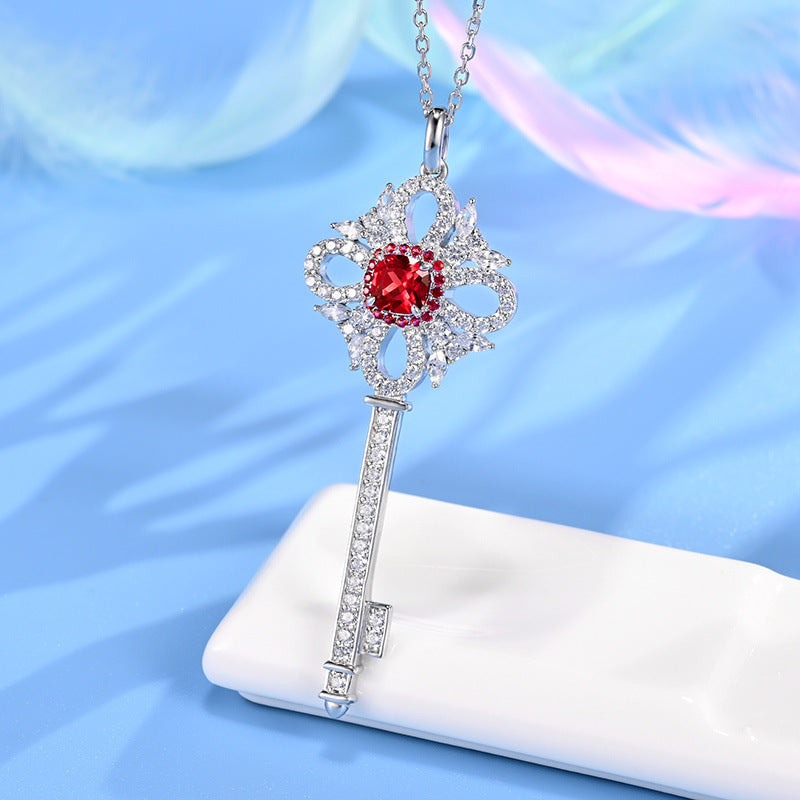 Elegant Lab-Grown Ruby S925 Silver with 18k Gold Plating Key-shaped Necklace - A Shining Choice, Exuding Noble Charm