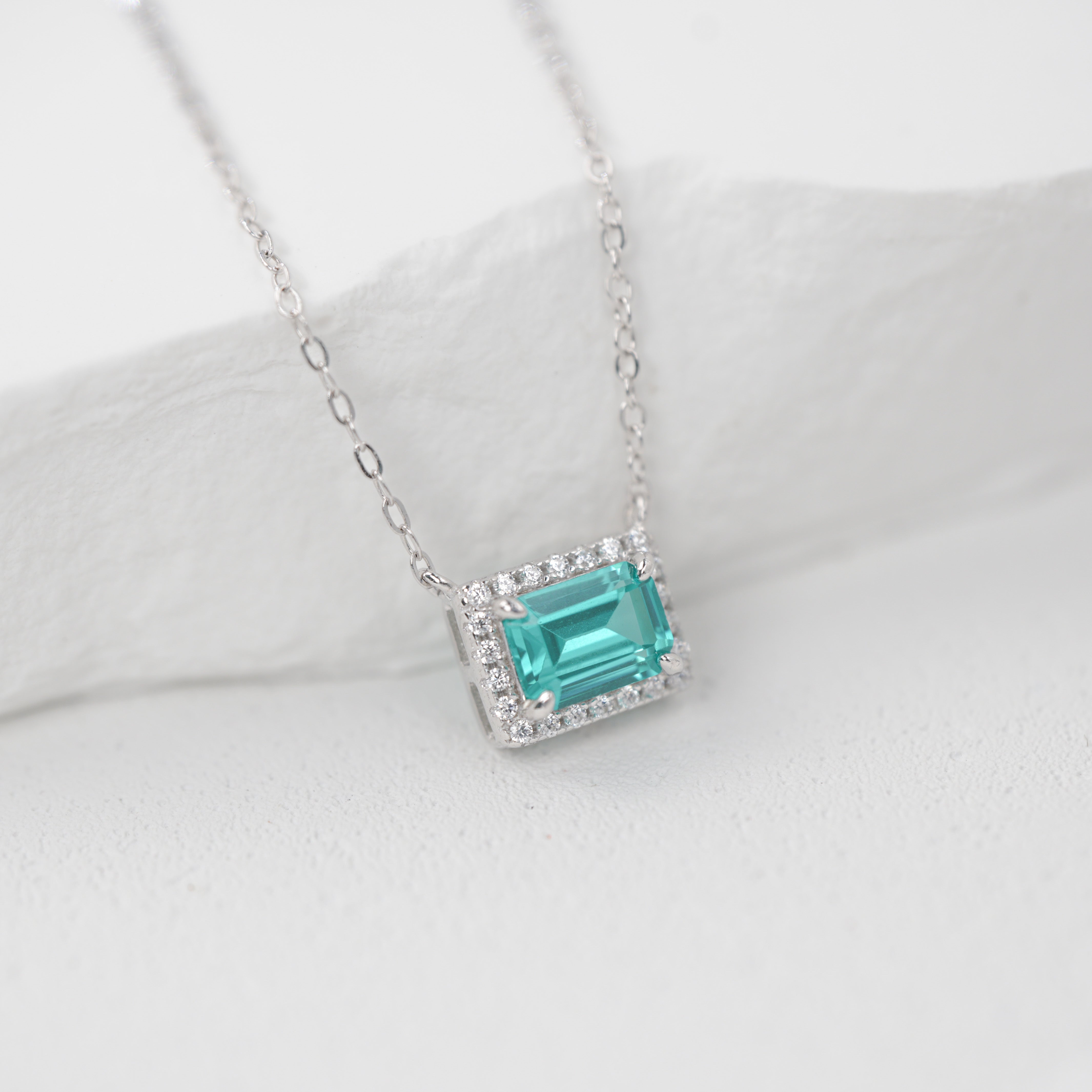 Lab-Grown Paraiba Color YAG Necklace | S925 Sterling Silver Plated 18K Gold, Emerald Cut with Halo Zircon Accents, Dainty Gemstone Pendant Jewelry