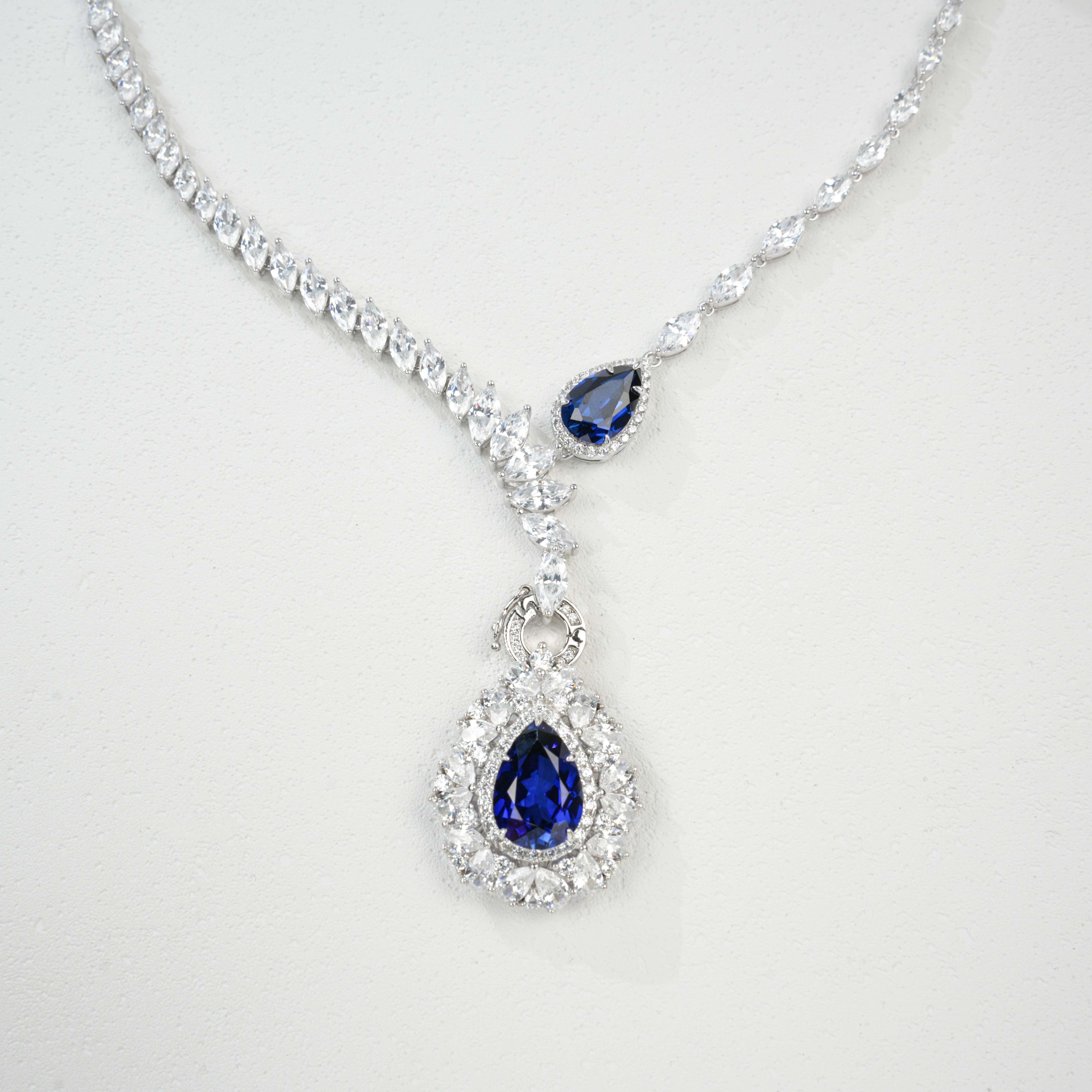 Lab-Grown Sapphire Teardrop Pendant Necklace | S925 Sterling Silver Plated 18K Gold, Halo Zircon Accents, Luxury Statement Jewelry for Women