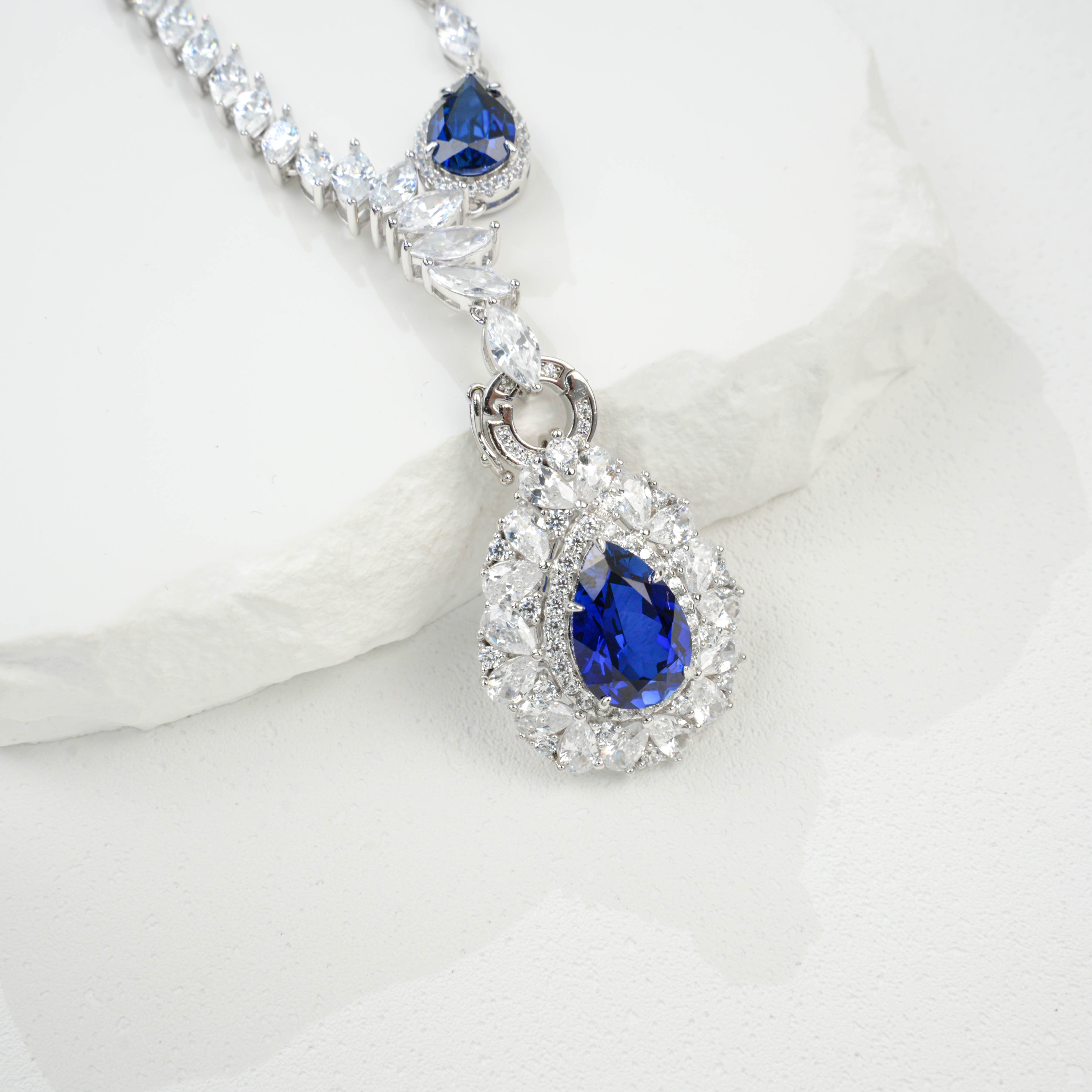 Lab-Grown Sapphire Teardrop Pendant Necklace | S925 Sterling Silver Plated 18K Gold, Halo Zircon Accents, Luxury Statement Jewelry for Women