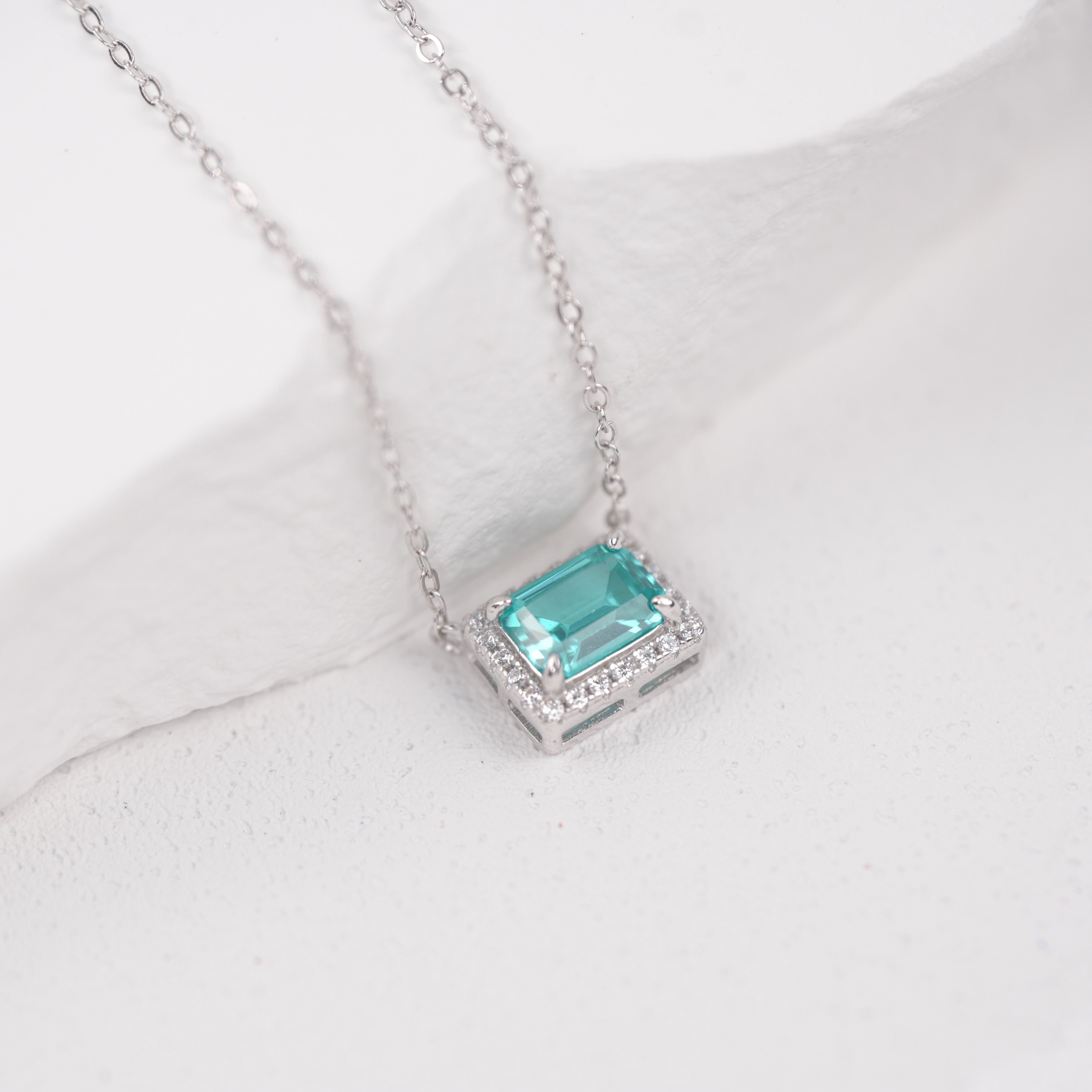 Lab-Grown Paraiba Color YAG Necklace | S925 Sterling Silver Plated 18K Gold, Emerald Cut with Halo Zircon Accents, Dainty Gemstone Pendant Jewelry