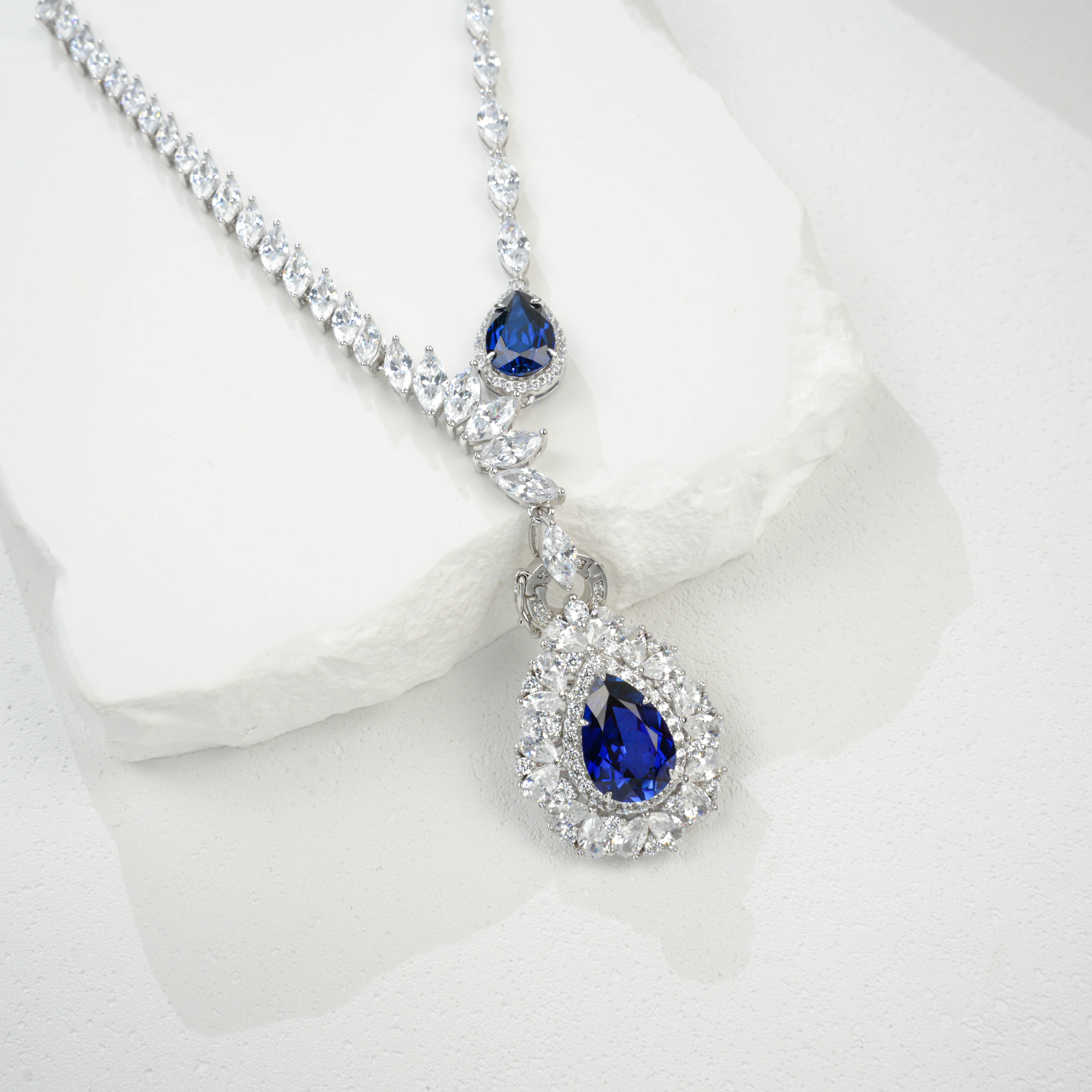 Lab-Grown Sapphire Teardrop Pendant Necklace | S925 Sterling Silver Plated 18K Gold, Halo Zircon Accents, Luxury Statement Jewelry for Women