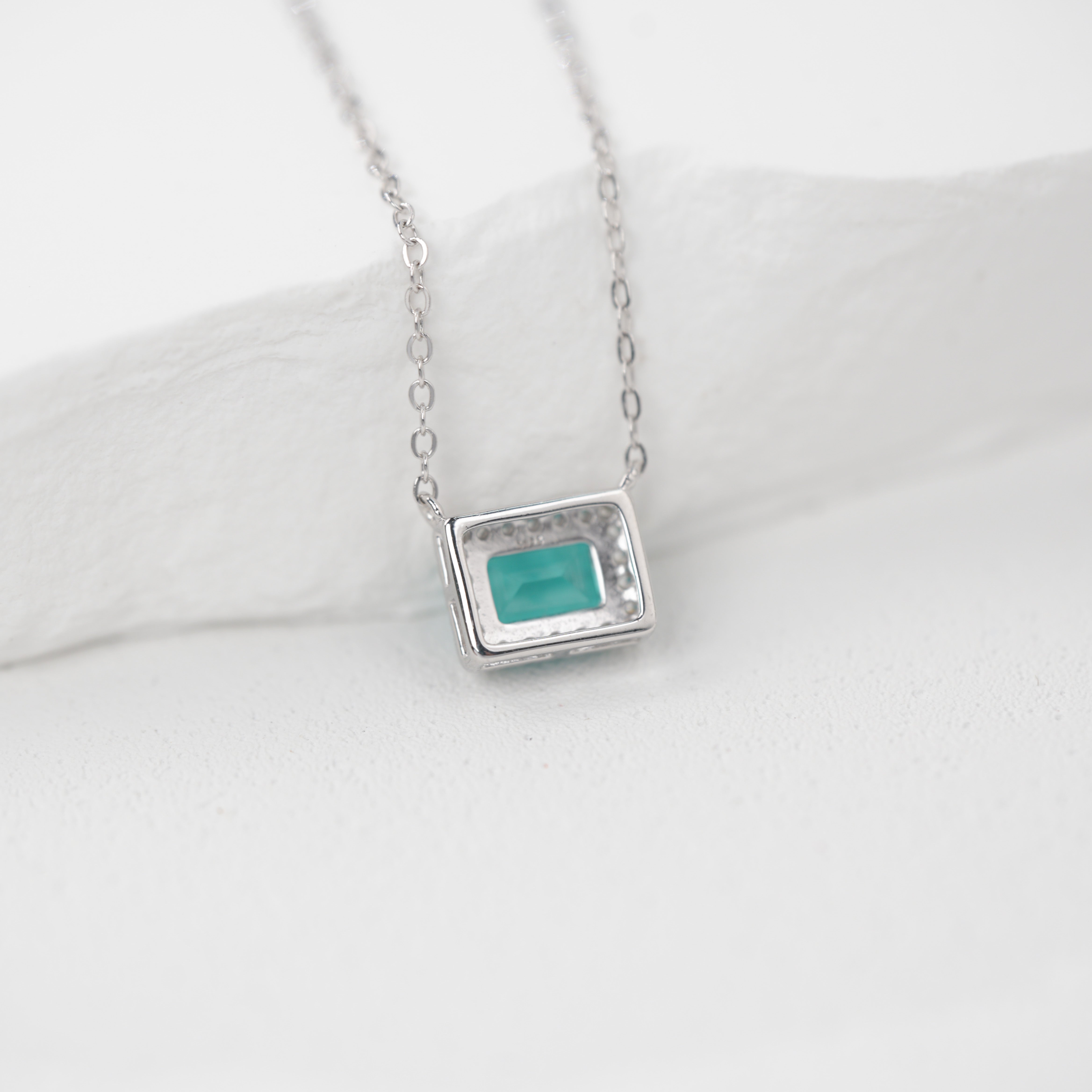 Lab-Grown Paraiba Color YAG Necklace | S925 Sterling Silver Plated 18K Gold, Emerald Cut with Halo Zircon Accents, Dainty Gemstone Pendant Jewelry