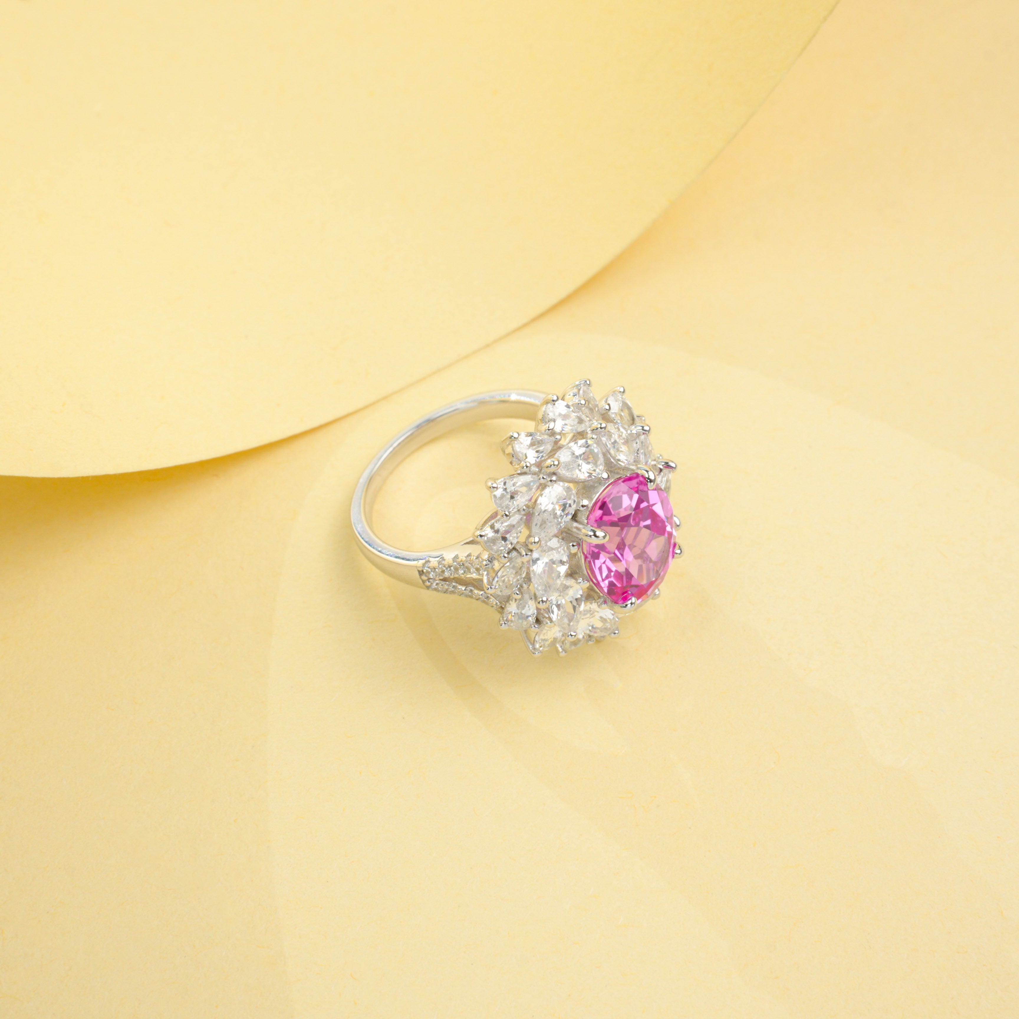 Lab-Grown Padparadscha - Floral Cluster Iridescent Ring