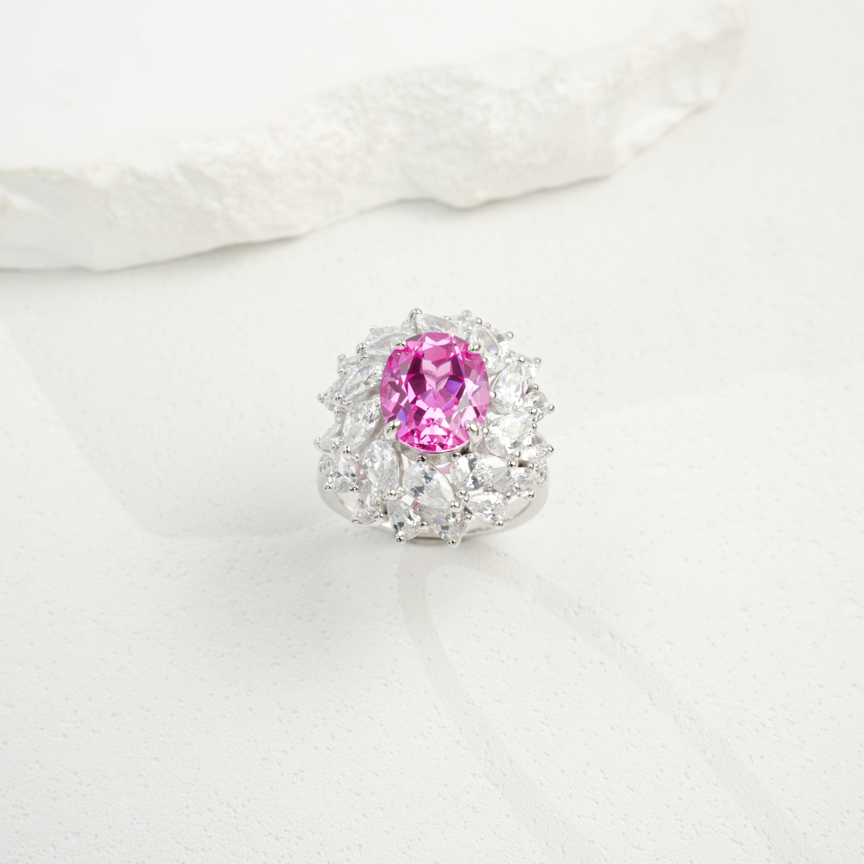 Lab-Grown Padparadscha - Floral Cluster Iridescent Ring