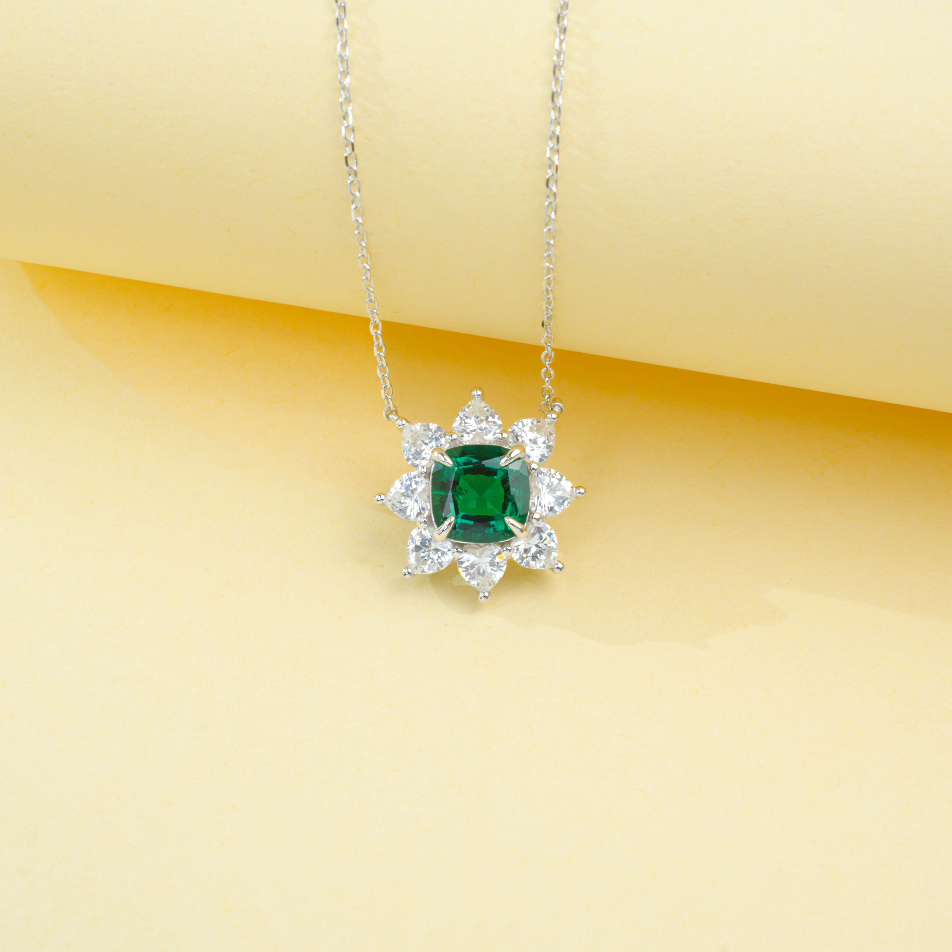 Lab-Grown Emerald - Square Emerald Starburst Flower-Blooming Necklace