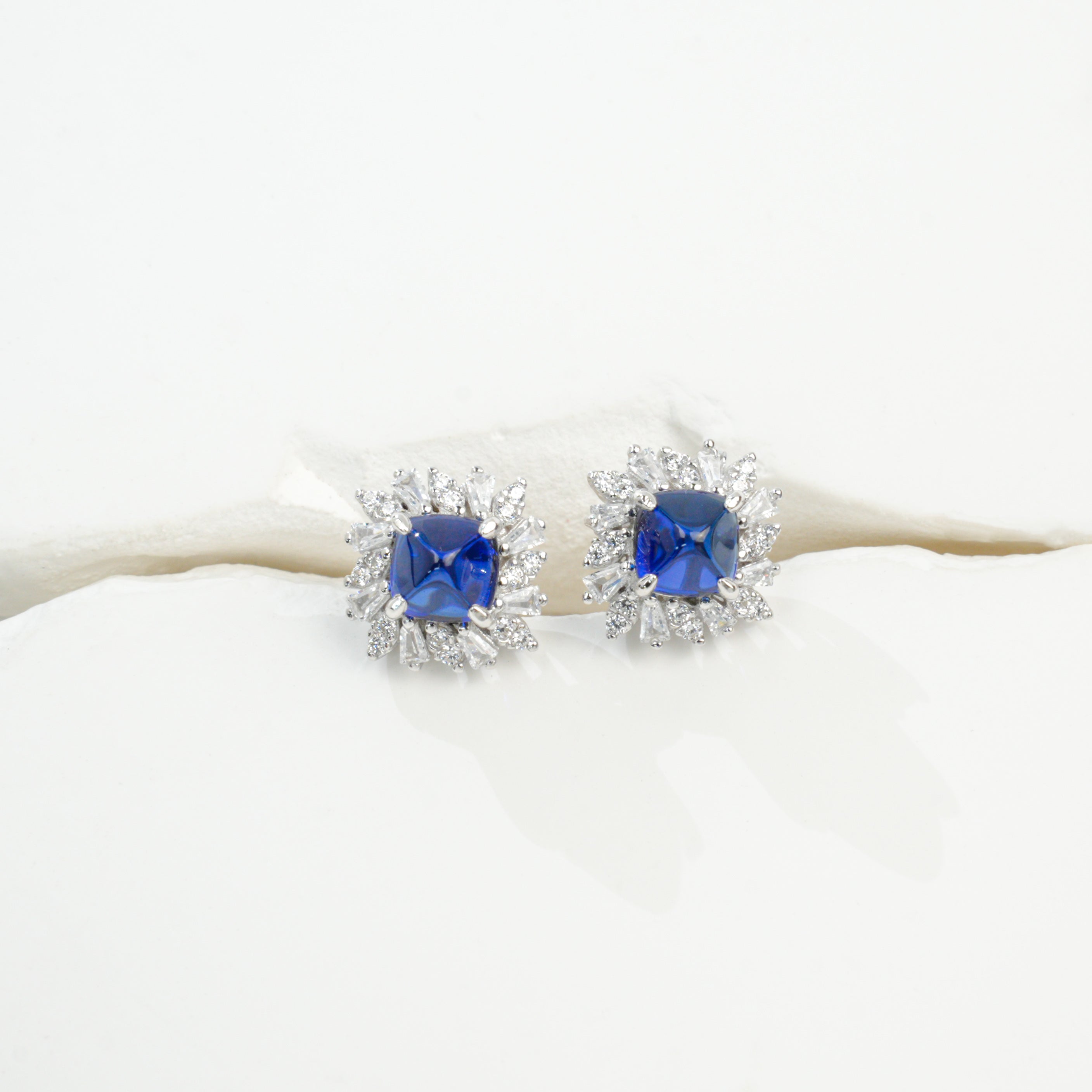 Lab-Grown Sapphire - Square Blue Starburst Diamond-Cluster Earrings