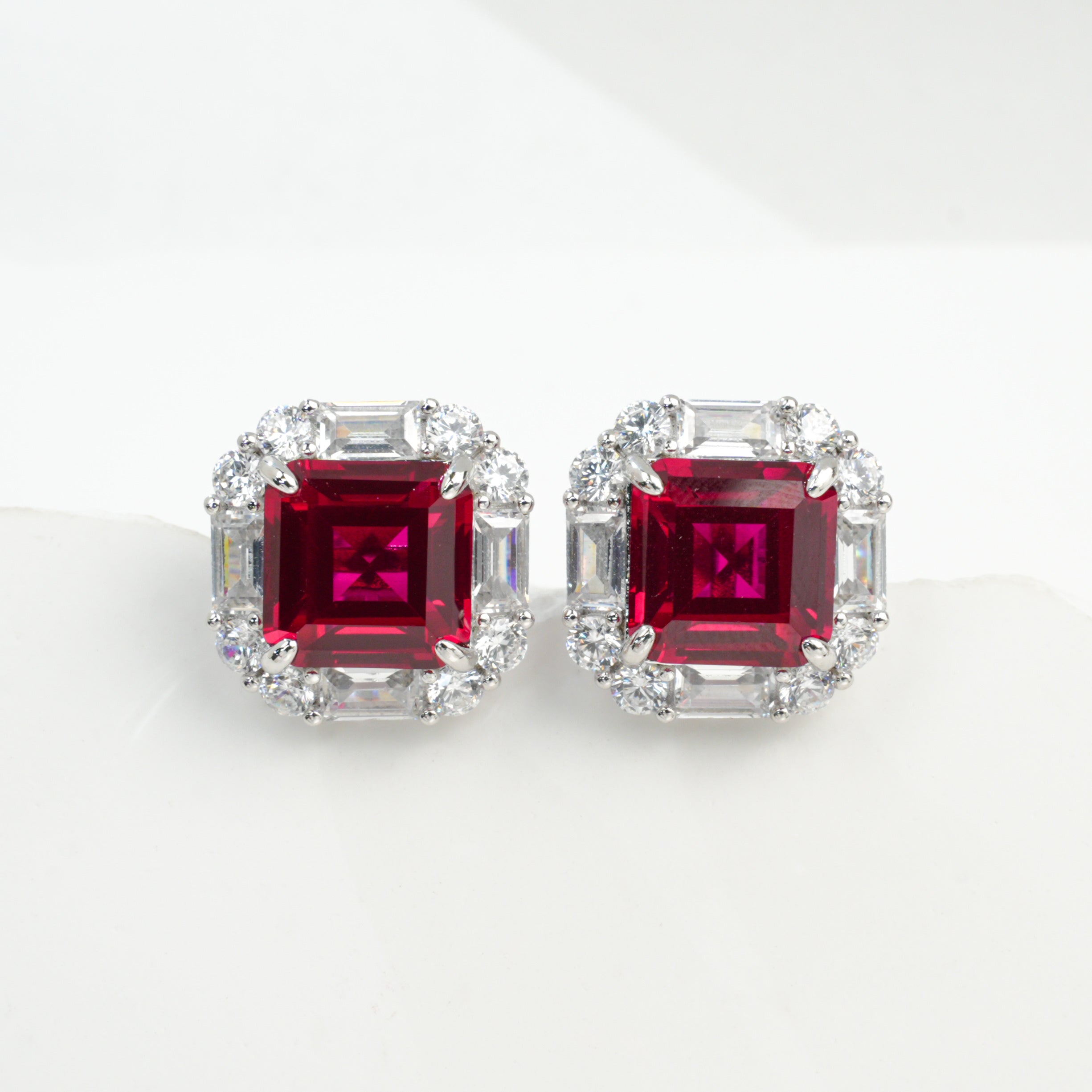 Lab-Grown Emerald - Square Emerald Diamond-Halo Rhombus-Shimmer Earrings