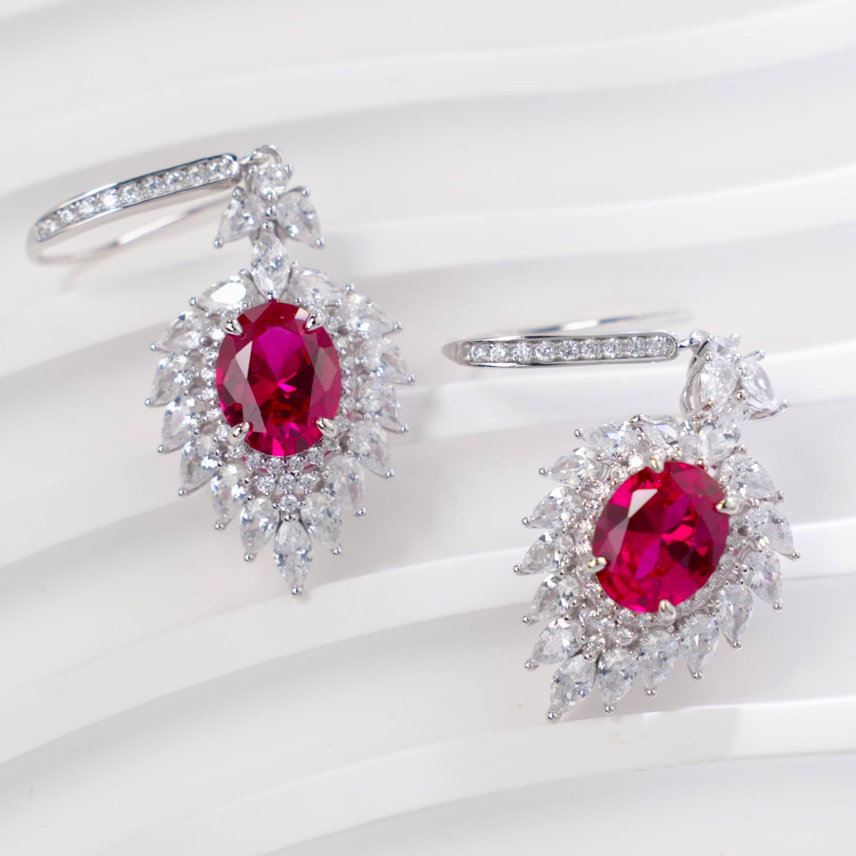 Lab-Grown Ruby - Oval Crimson Star-Blooming Dangle Ear Hooks