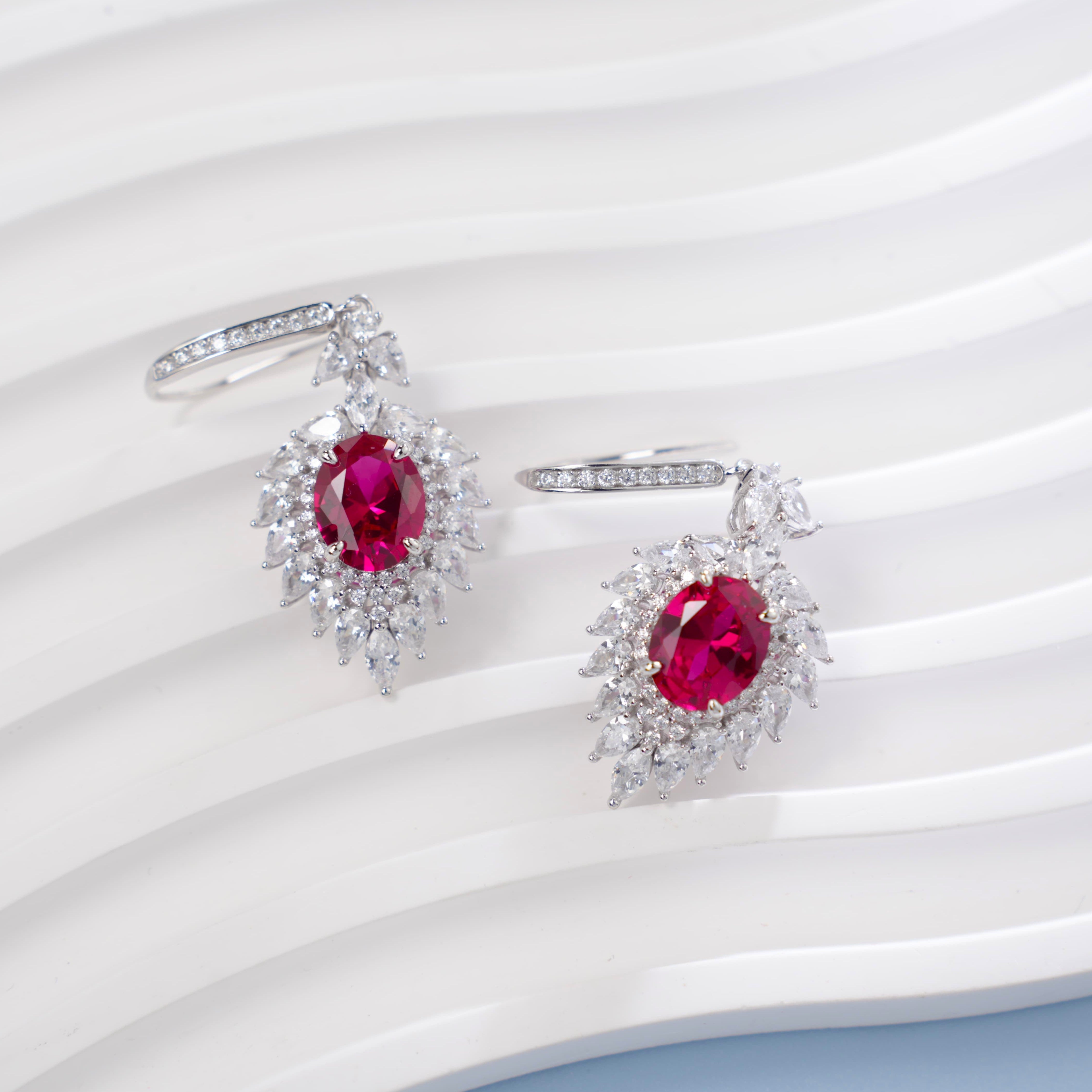 Lab-Grown Ruby - Oval Crimson Star-Blooming Dangle Ear Hooks