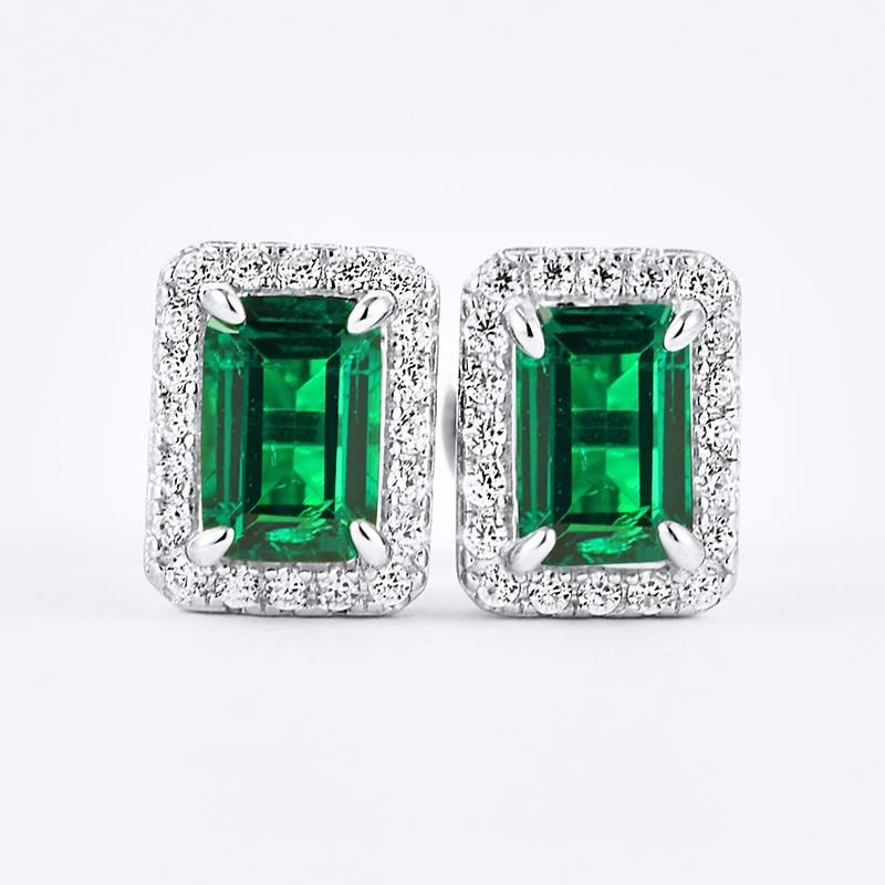 Lab-Grown Ruby - Long Crimson Diamond-Halo Square Hoop Earrings