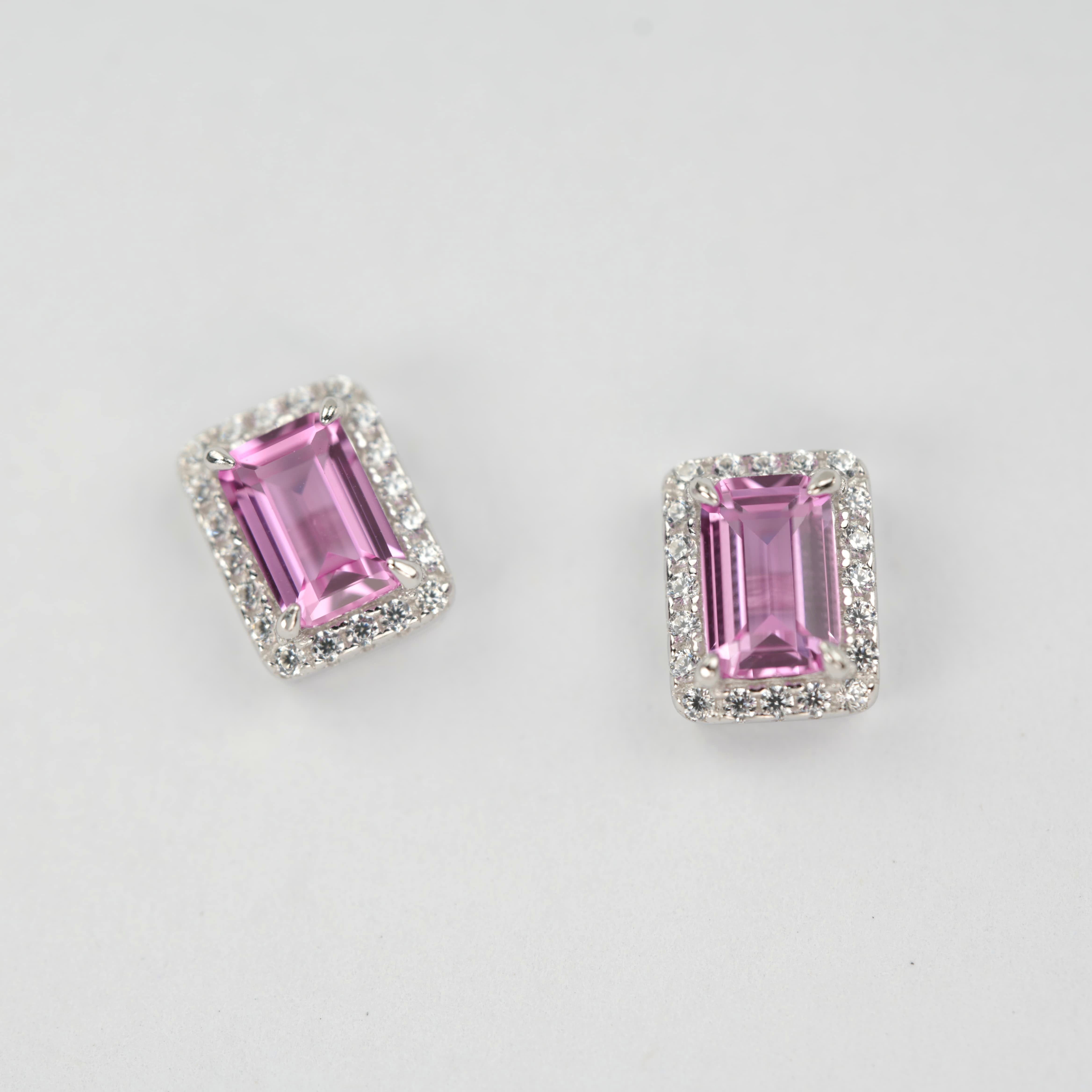 Lab-Grown Ruby - Long Crimson Diamond-Halo Square Hoop Earrings
