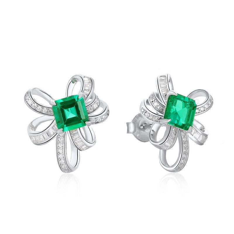 Lab-Grown Ruby - Square Crimson Satin-Knot Diamond-Wrapped Earrings