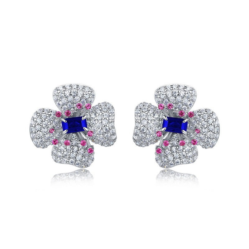 Lab-Grown Ruby - Flower-Cluster Crimson Heart Four-Leaf Earrings