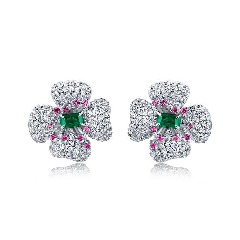 Lab-Grown Ruby - Flower-Cluster Crimson Heart Four-Leaf Earrings