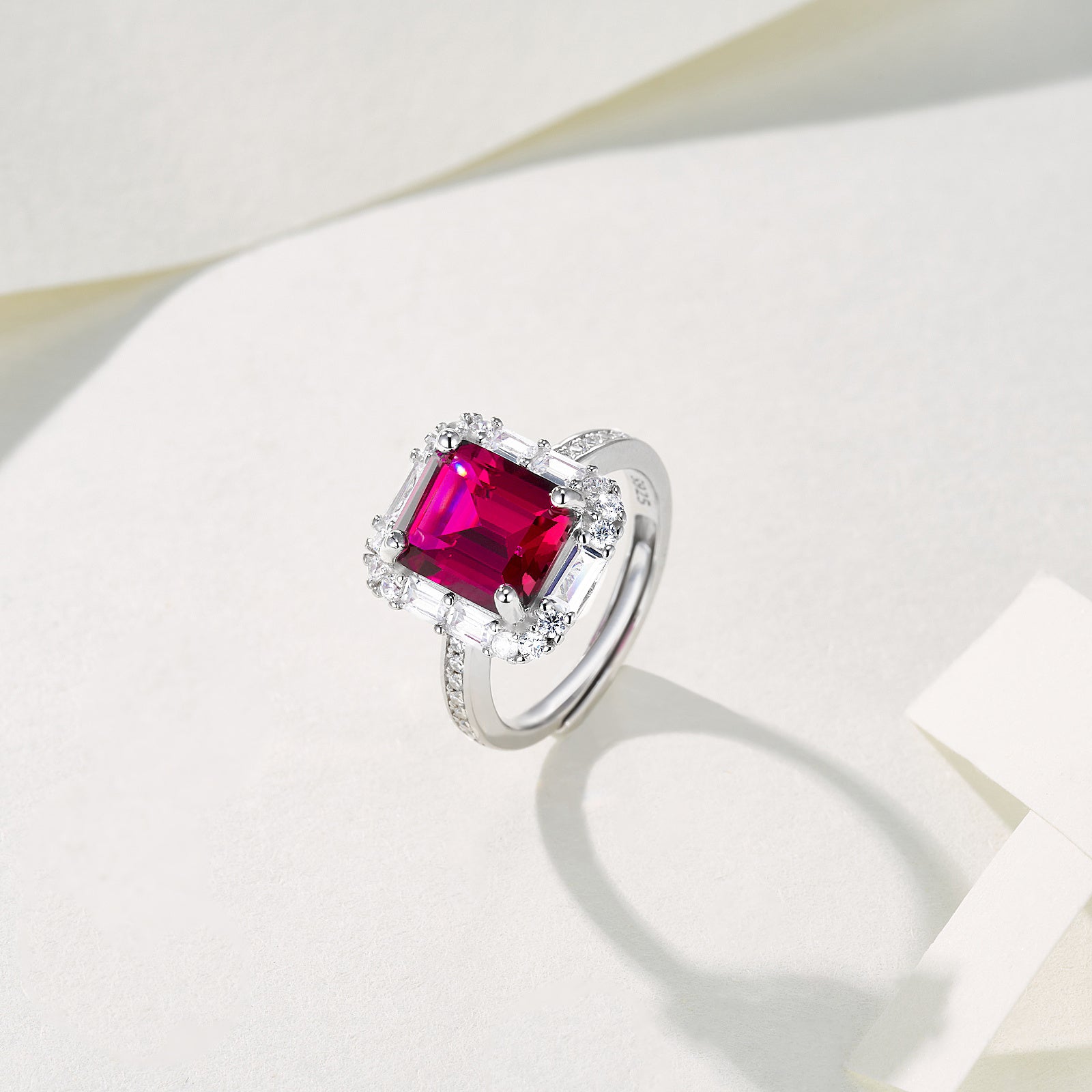Lab-Grown Padparadscha - Square Crimson Diamond Cluster Streaming Light Ring