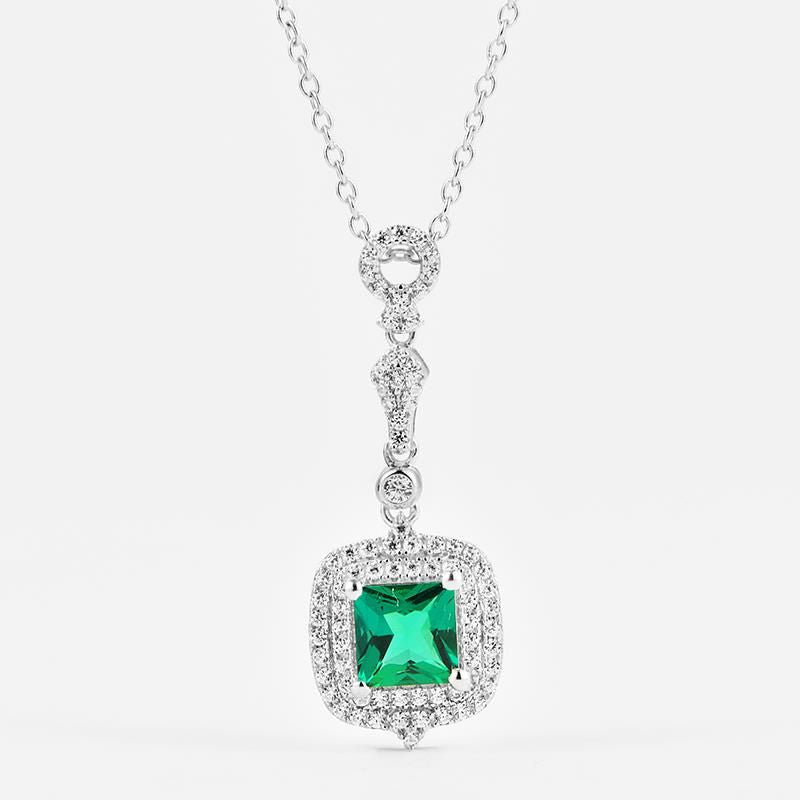 Lab-Grown Emerald - Emerald Square Diamond-Accented Vintage Pendant
