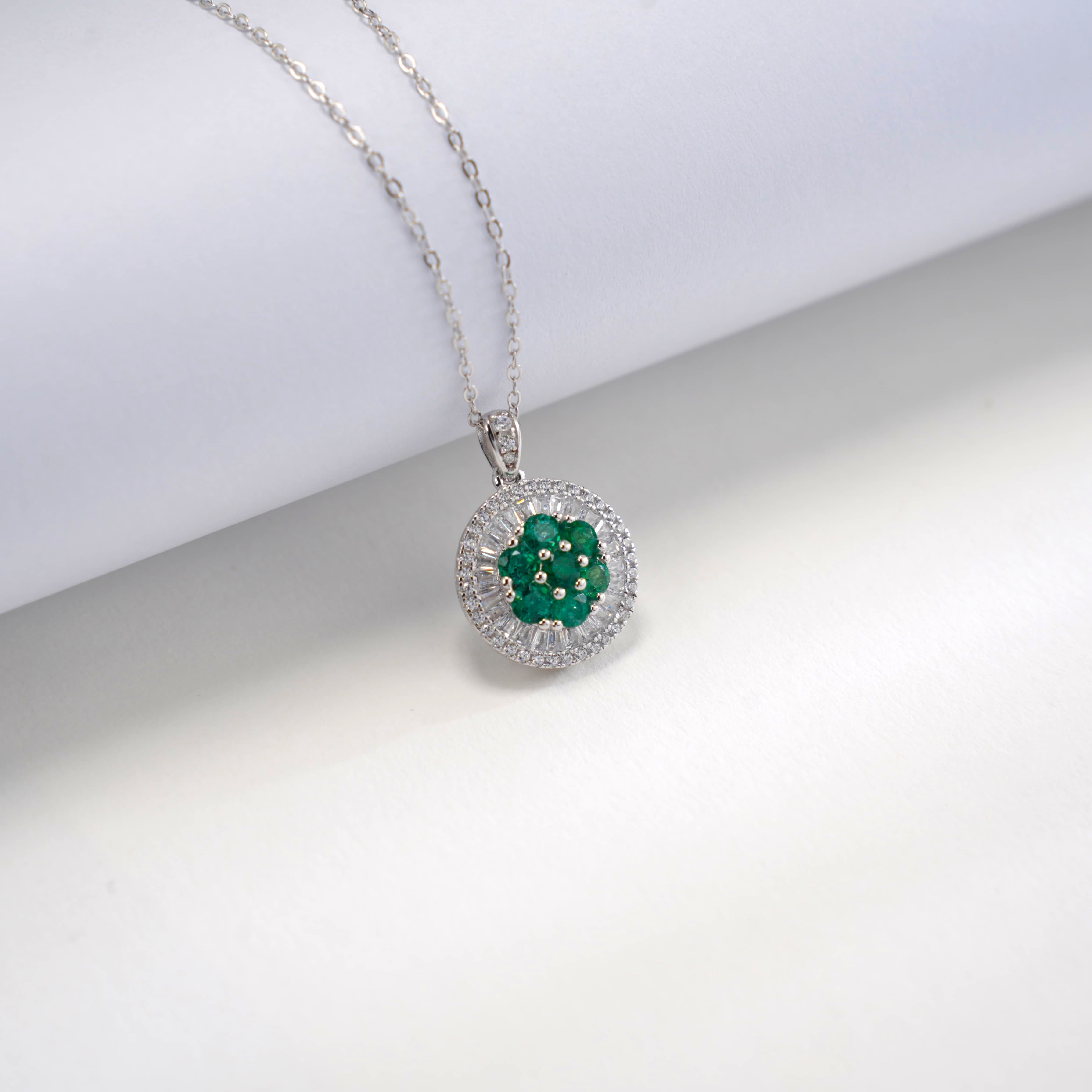 Lab-Grown Emerald - Emerald Cluster Round-Set Floral Pendant
