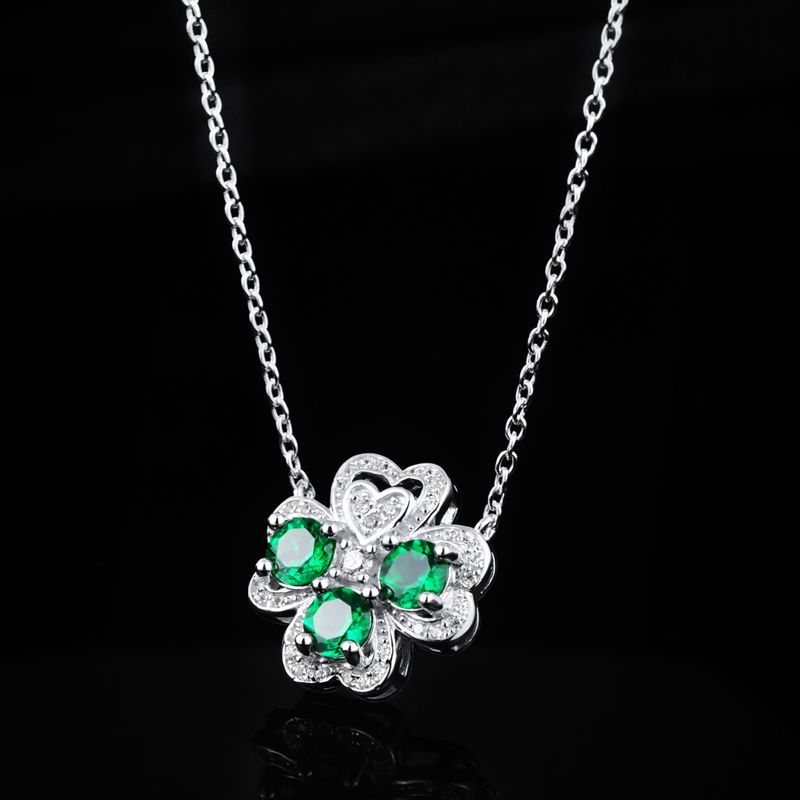 Lab-Grown Emerald - Emerald Petal Heart-Inlaid Lucky Clover Pendant