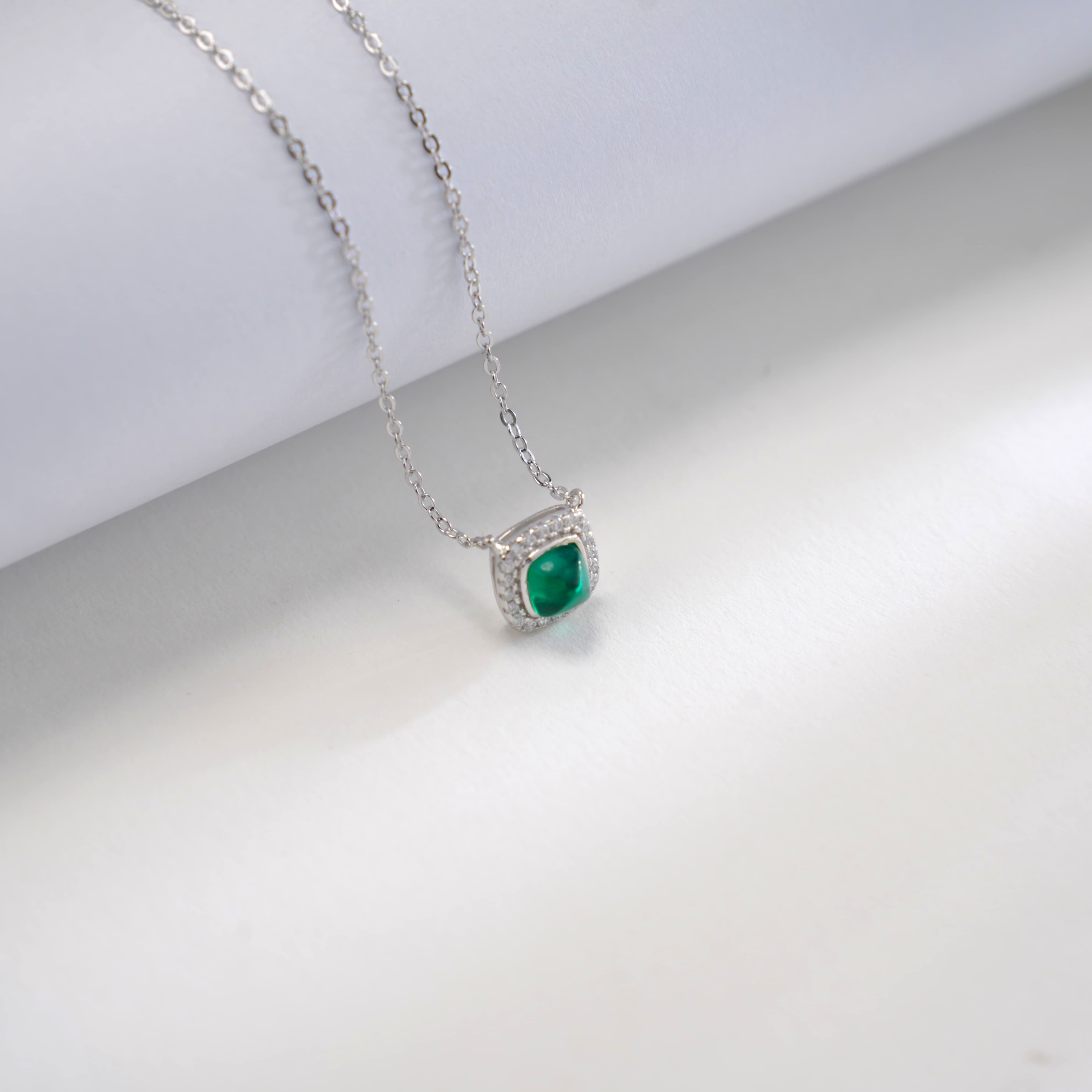 Lab-Grown Emerald - Emerald Square Diamond-Edged Minimalist Pendant