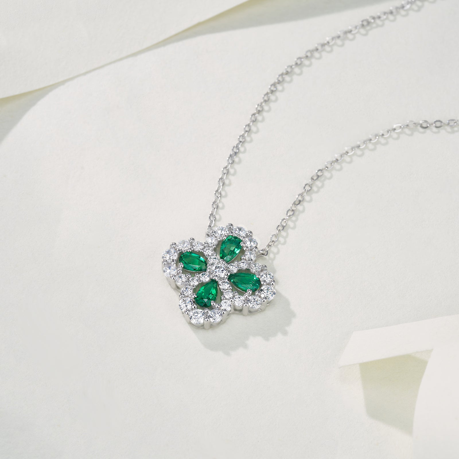 Lab-Grown Emerald - Emerald Teardrop Diamond Cluster Four-Leaf Pendant