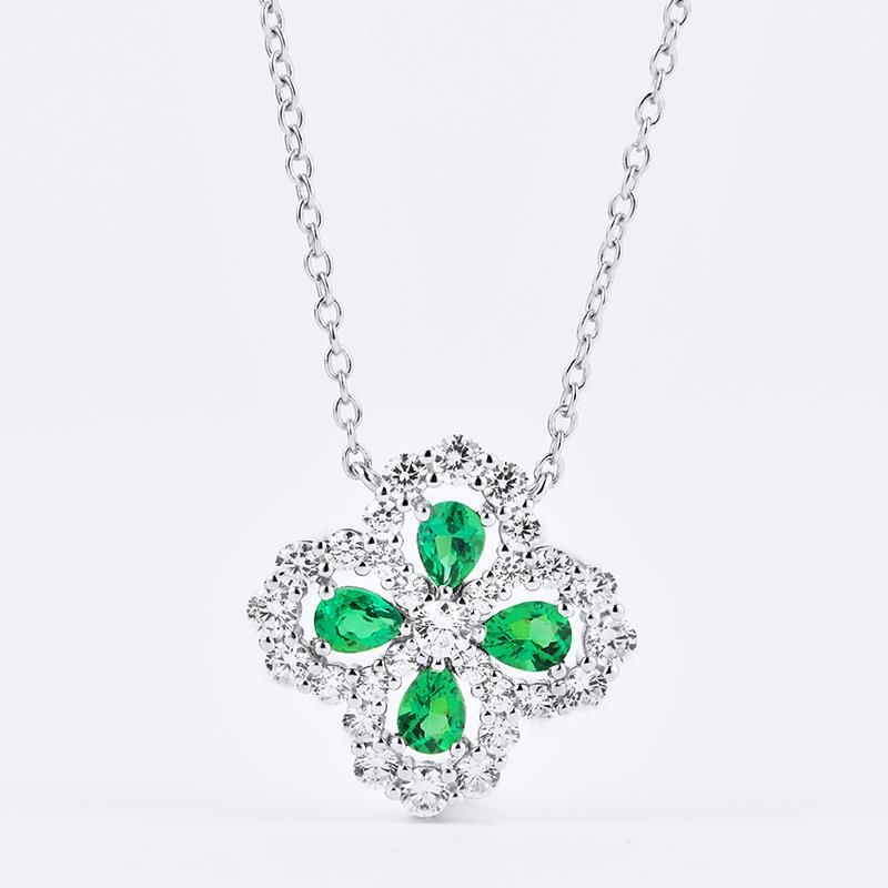 Lab-Grown Emerald - Emerald Teardrop Diamond Cluster Four-Leaf Pendant