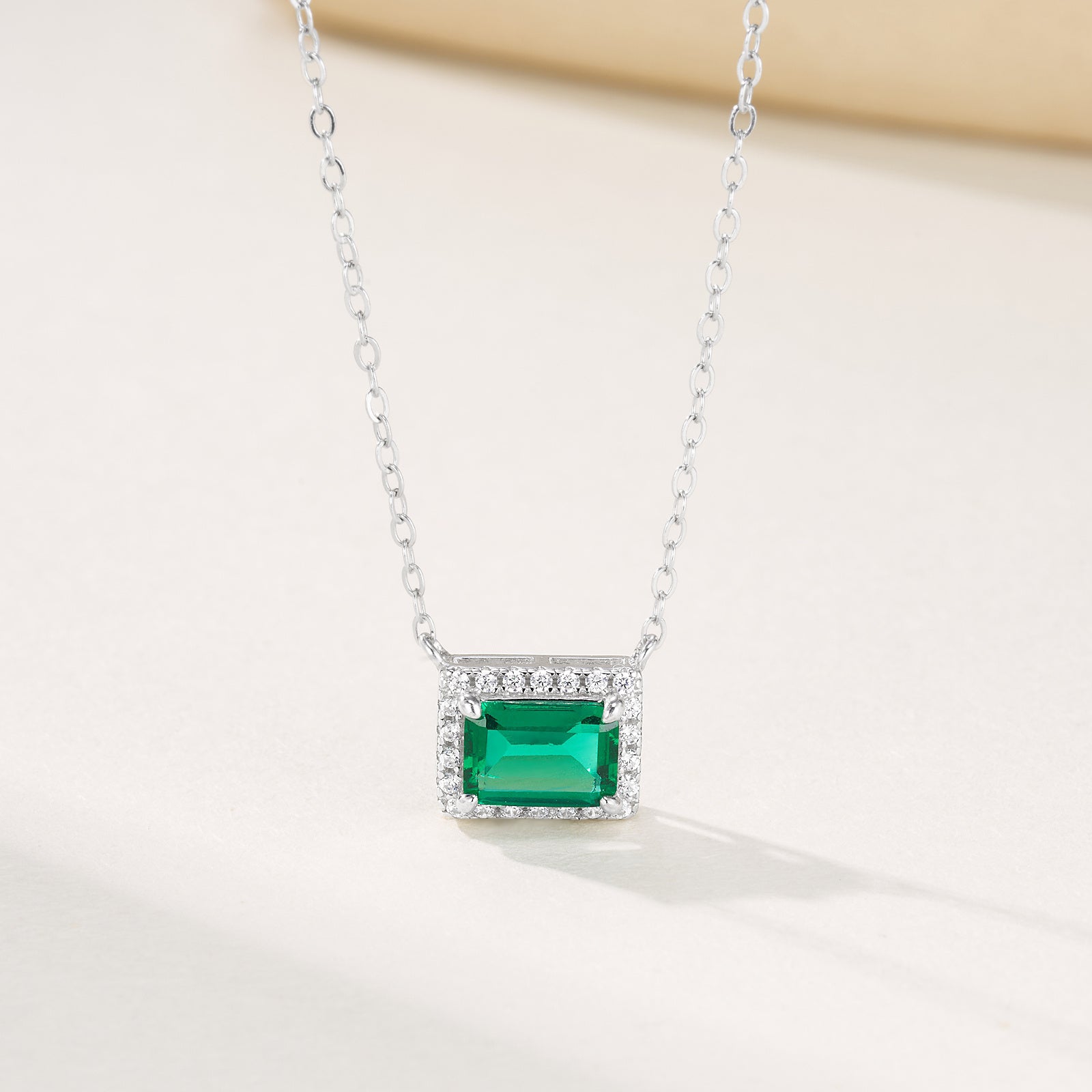 Lab-Grown Emerald - Emerald Rectangle Diamond-Halo Square Plaque Pendant