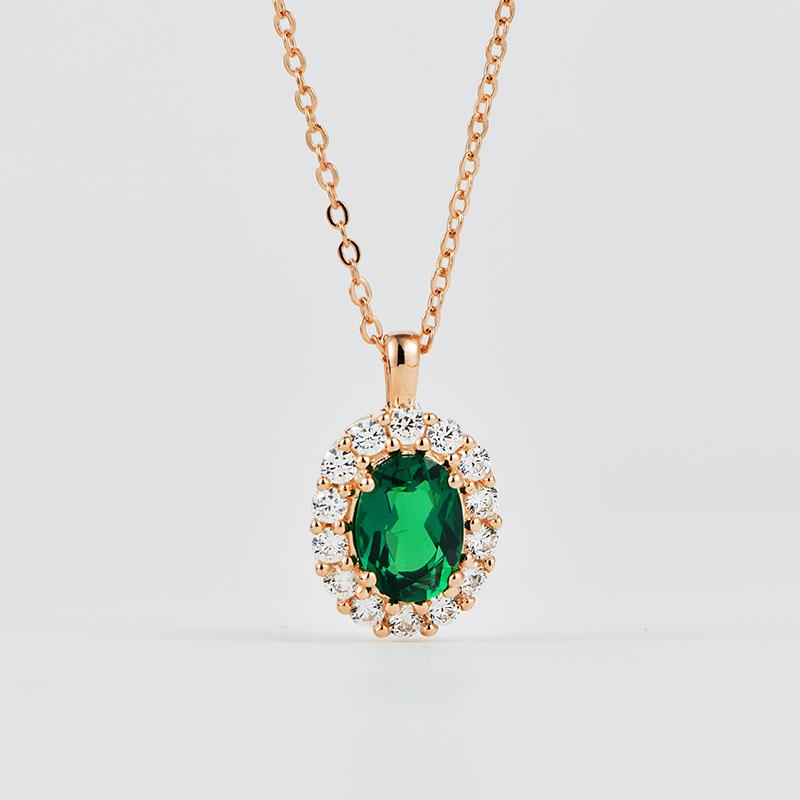 Lab-Grown Emerald - Emerald Oval Diamond Cluster Halo Pendant