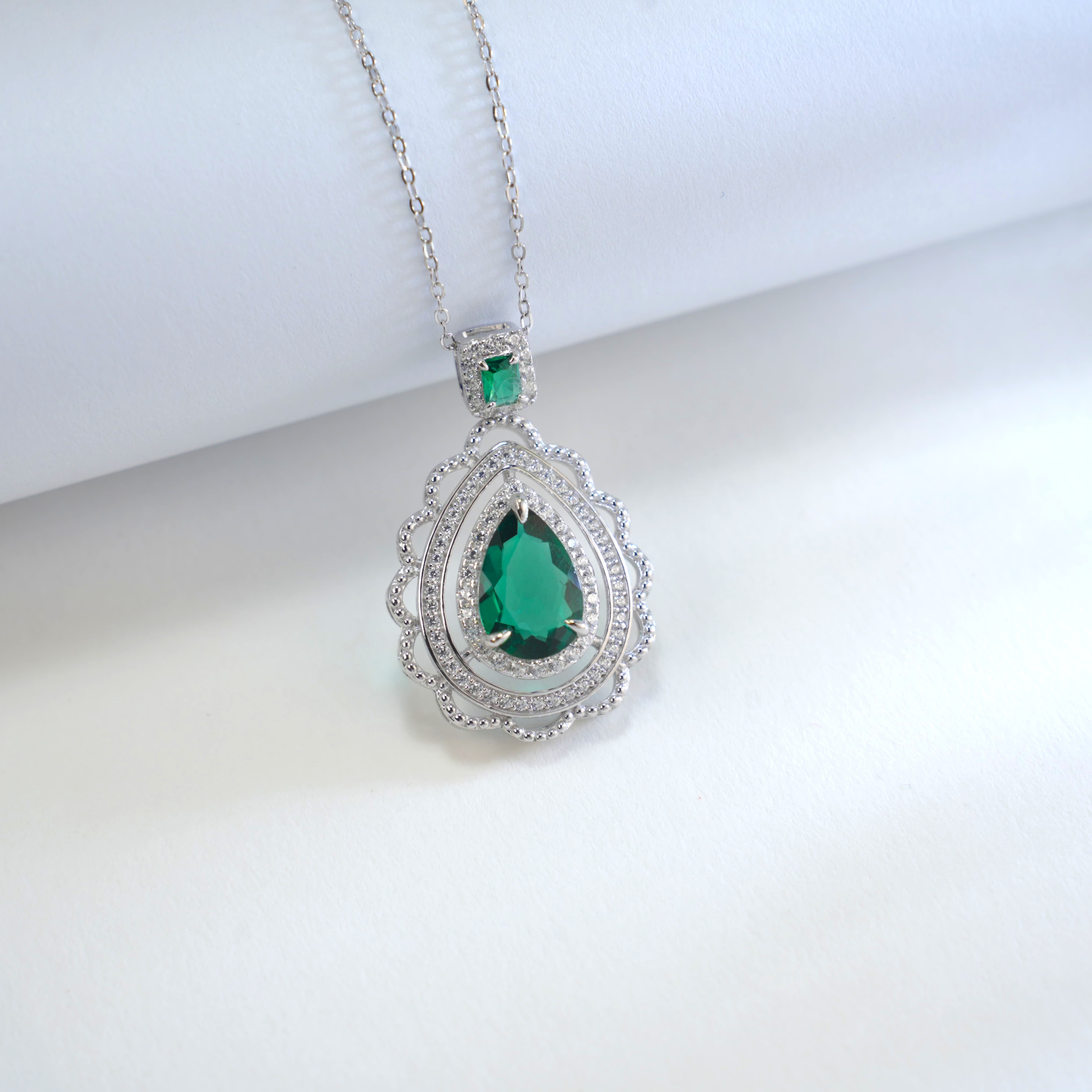 Lab-Grown Emerald - Emerald Teardrop Diamond-Layered Luxury Pendant