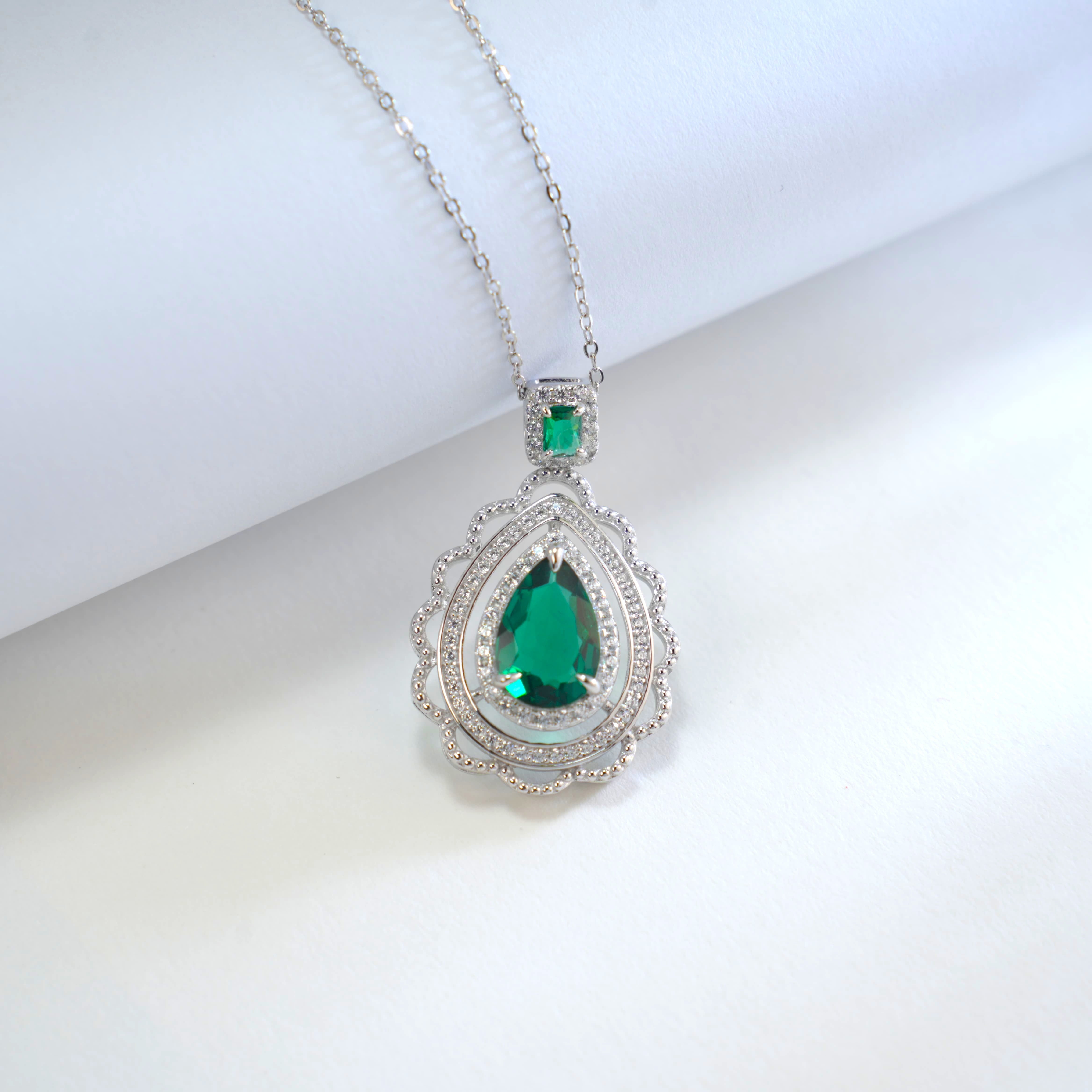 Lab-Grown Emerald - Emerald Teardrop Diamond-Layered Luxury Pendant