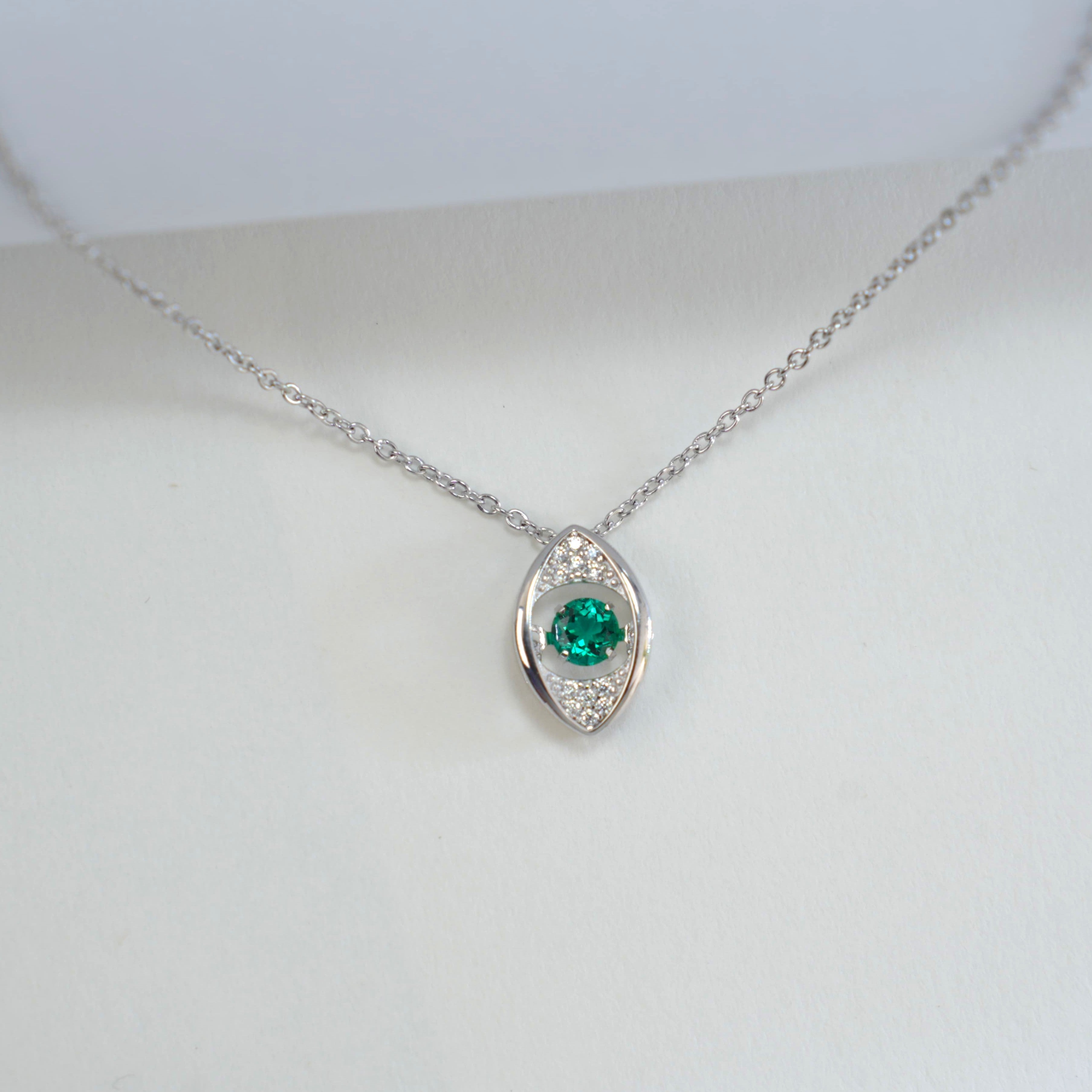 Lab-Grown Emerald - Emerald Eye Diamond-Feather Spirit Pupil Pendant