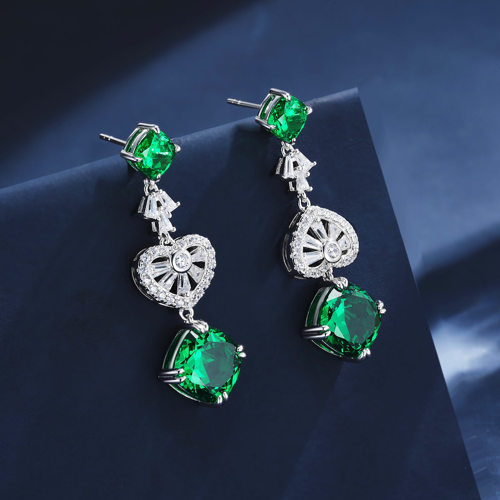 Lab-Grown Emerald - Emerald Rhombus Diamond Fan Layered Drop Earrings