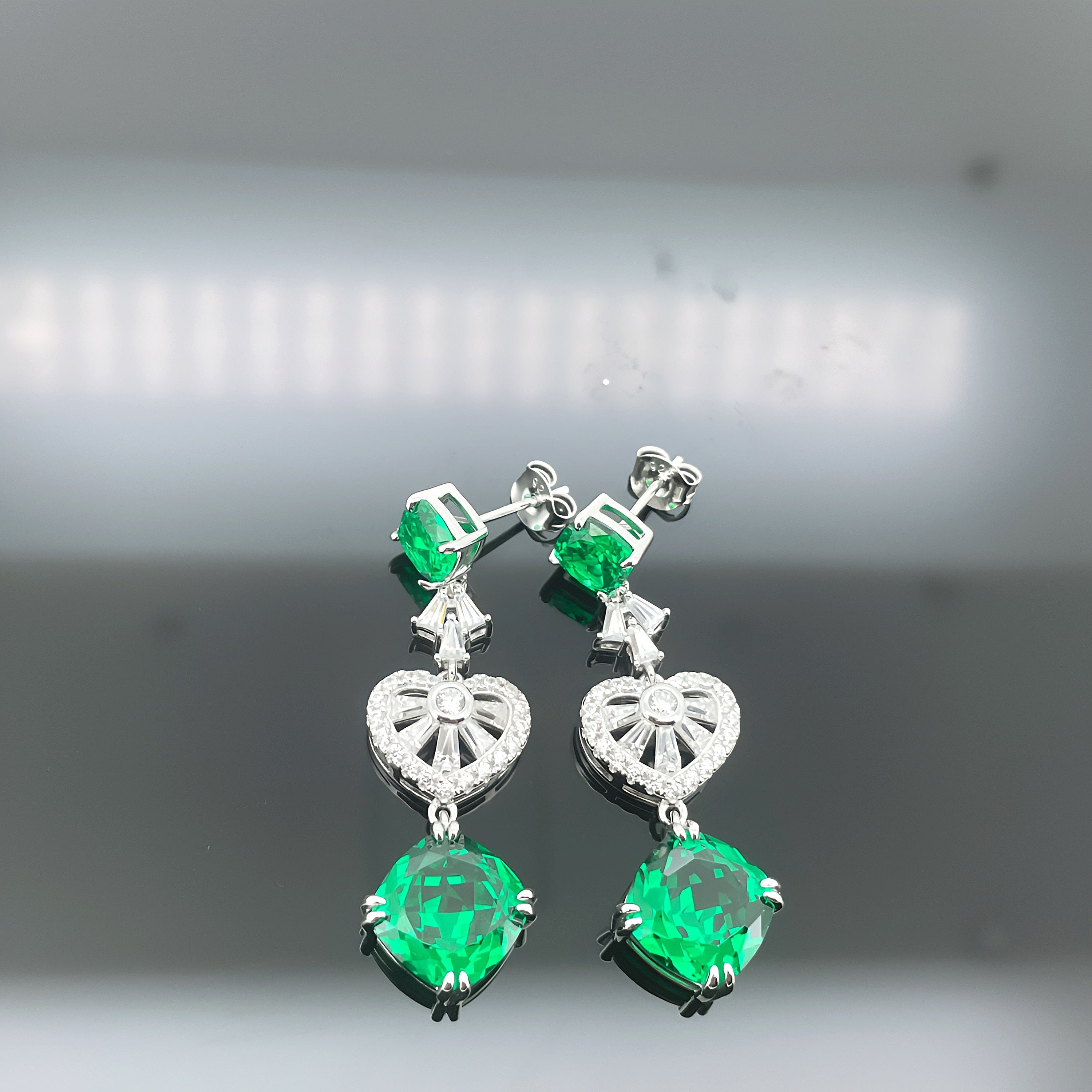 Lab-Grown Emerald - Emerald Rhombus Diamond Fan Layered Drop Earrings