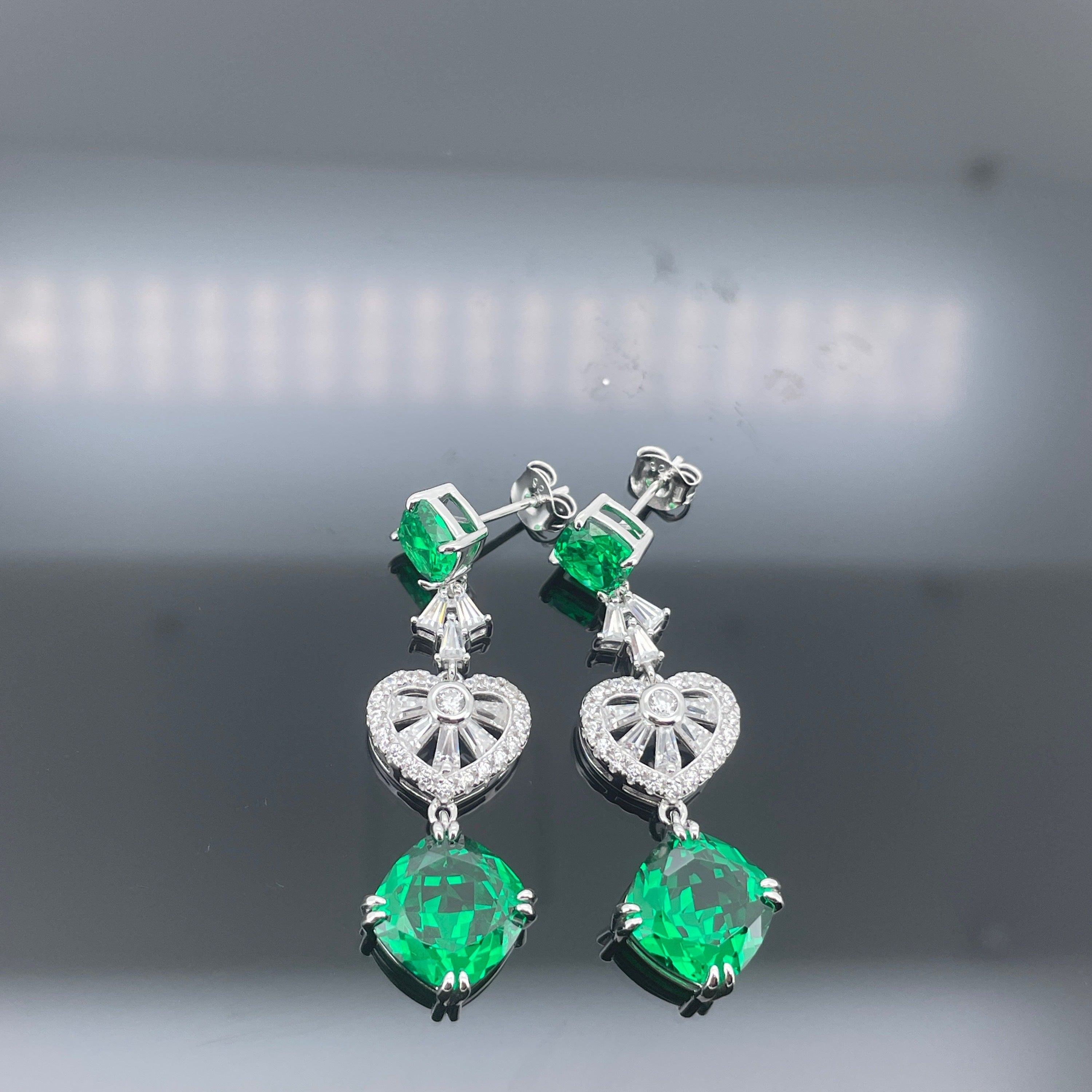 Lab-Grown Emerald - Emerald Rhombus Diamond Fan Layered Drop Earrings