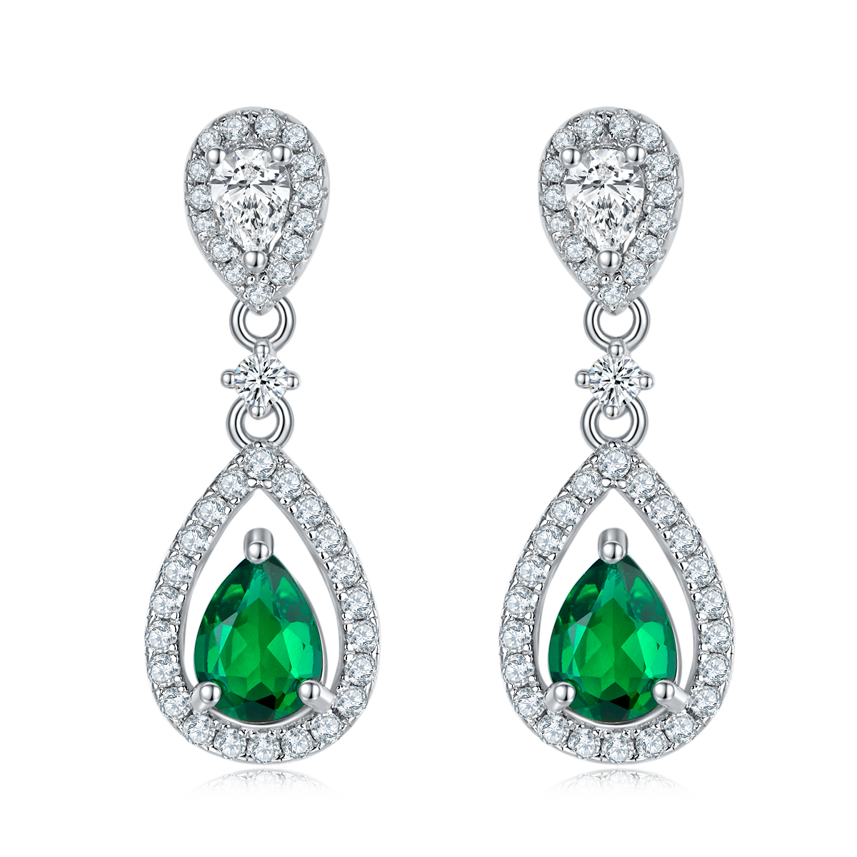 Lab-Grown Emerald - Dewy Emerald Diamond Halo Double Drop Earrings