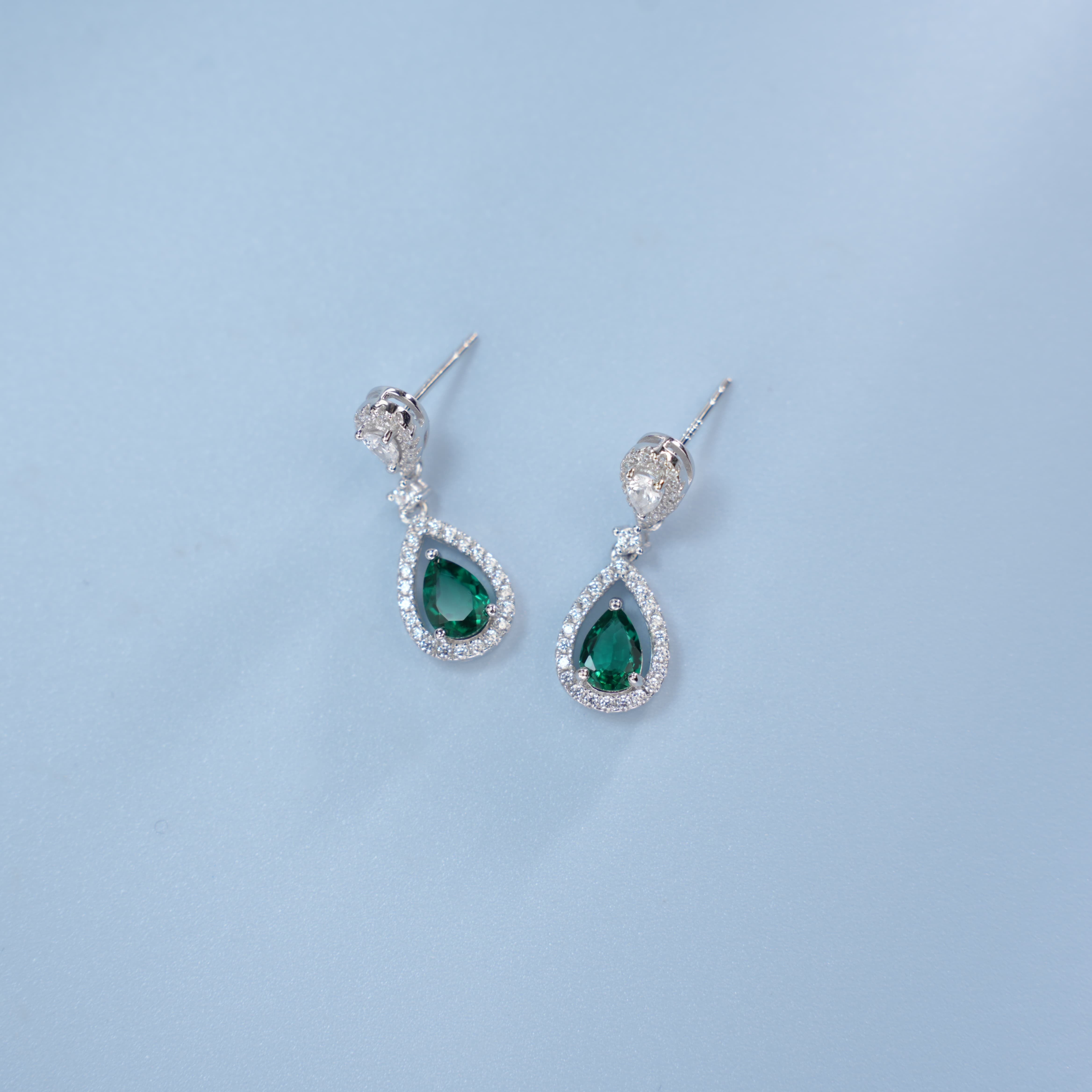 Lab-Grown Emerald - Dewy Emerald Diamond Halo Double Drop Earrings