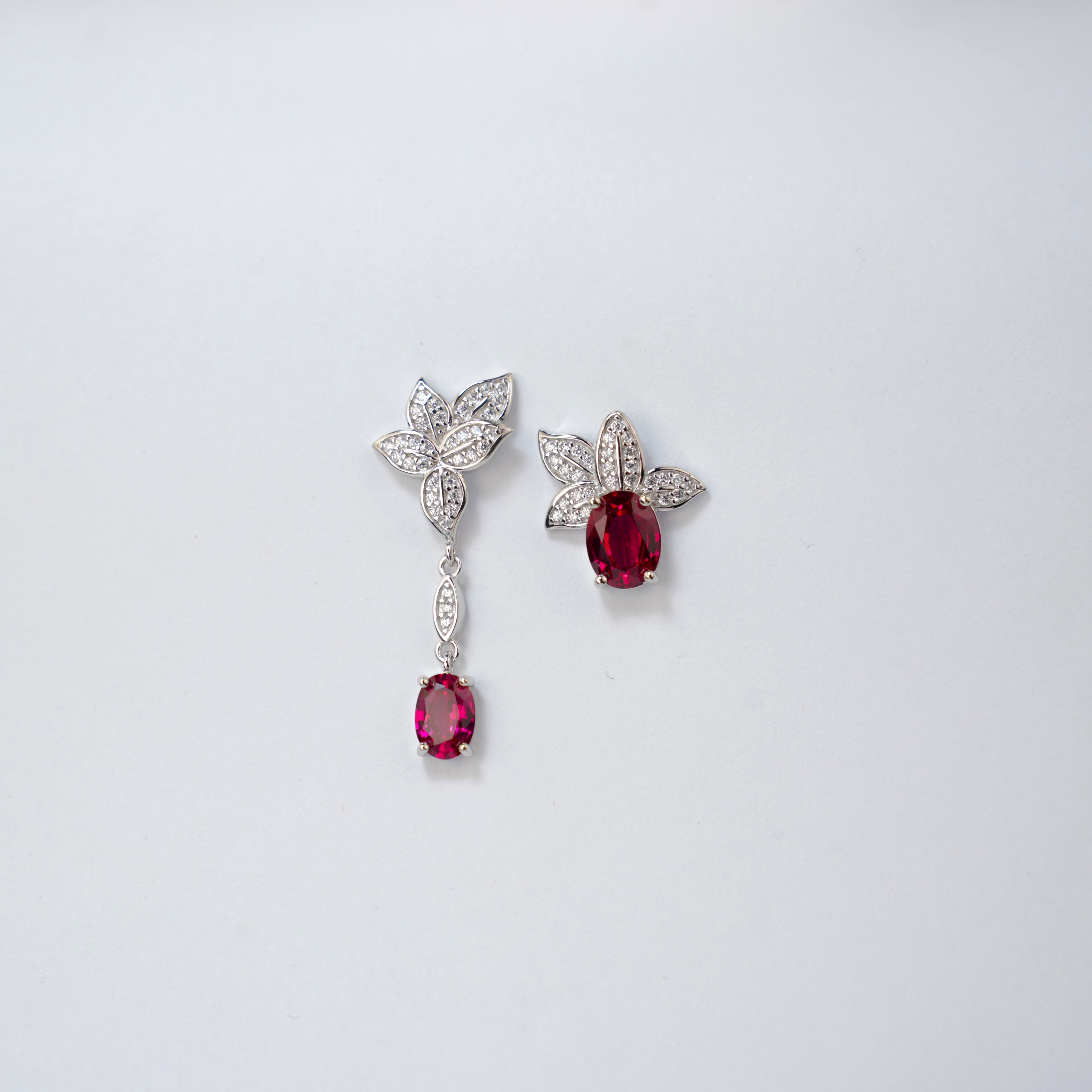 Lab-Grown Emerald - Oval Emerald Diamond Leaf Asymmetrical Earrings