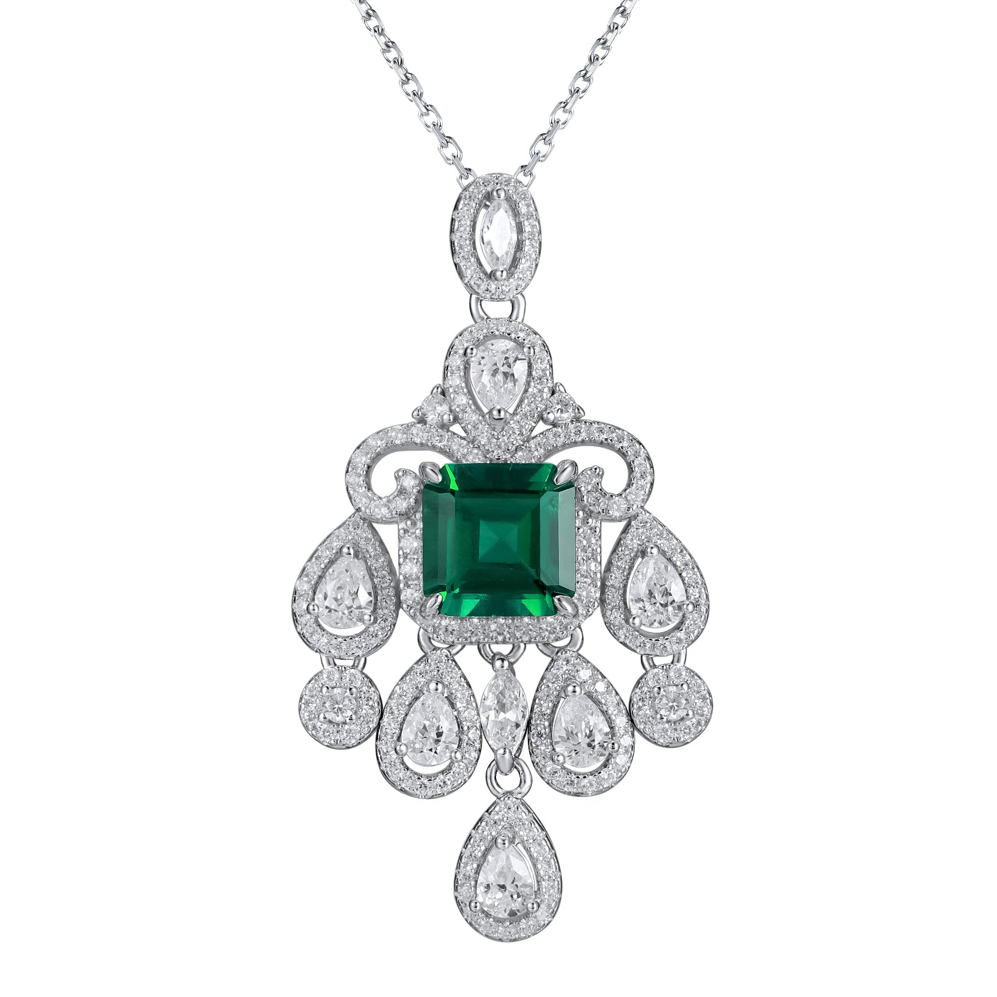 Lab-Grown Emerald - Square Emerald Diamond Vine Tassel Pendant