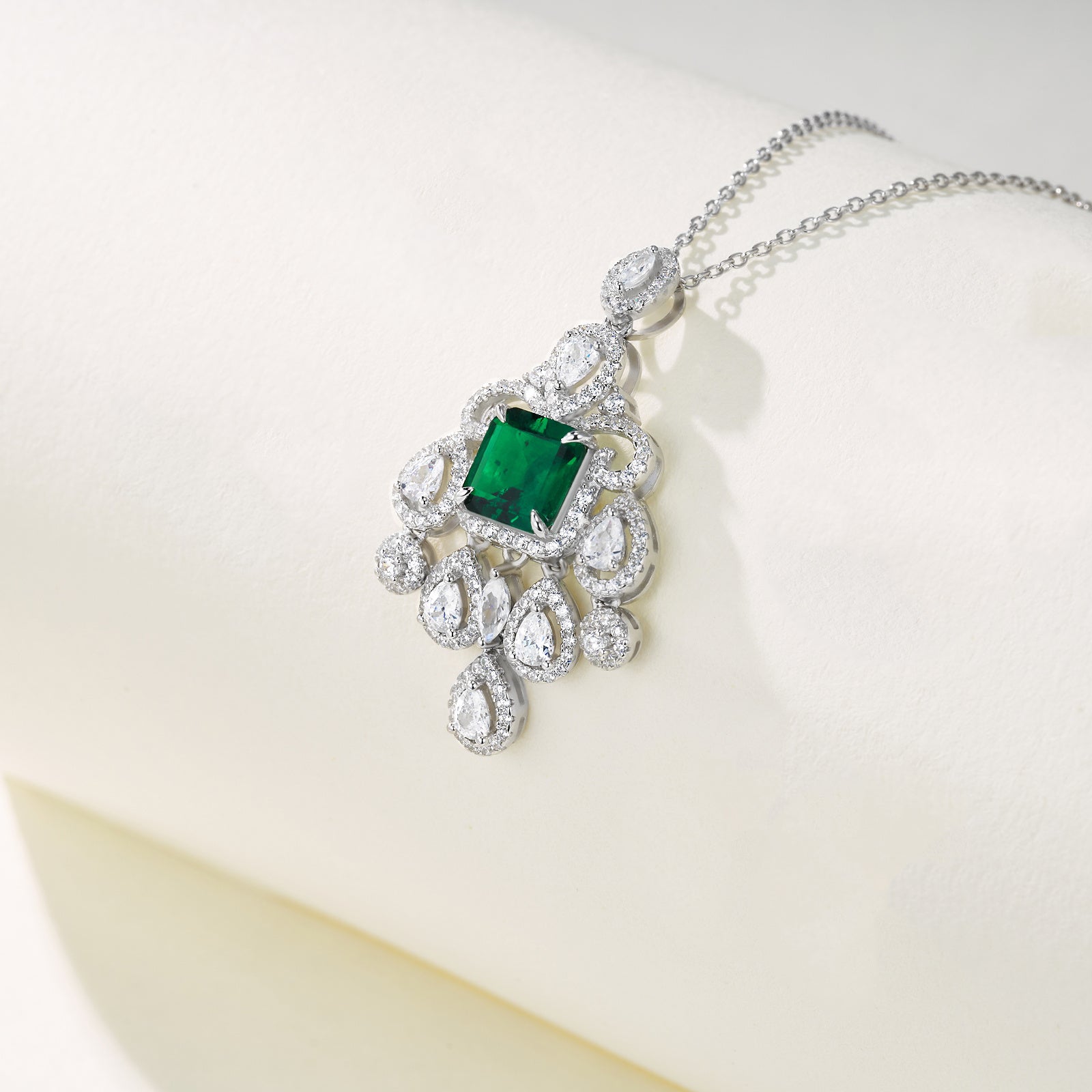 Lab-Grown Emerald - Square Emerald Diamond Vine Tassel Pendant