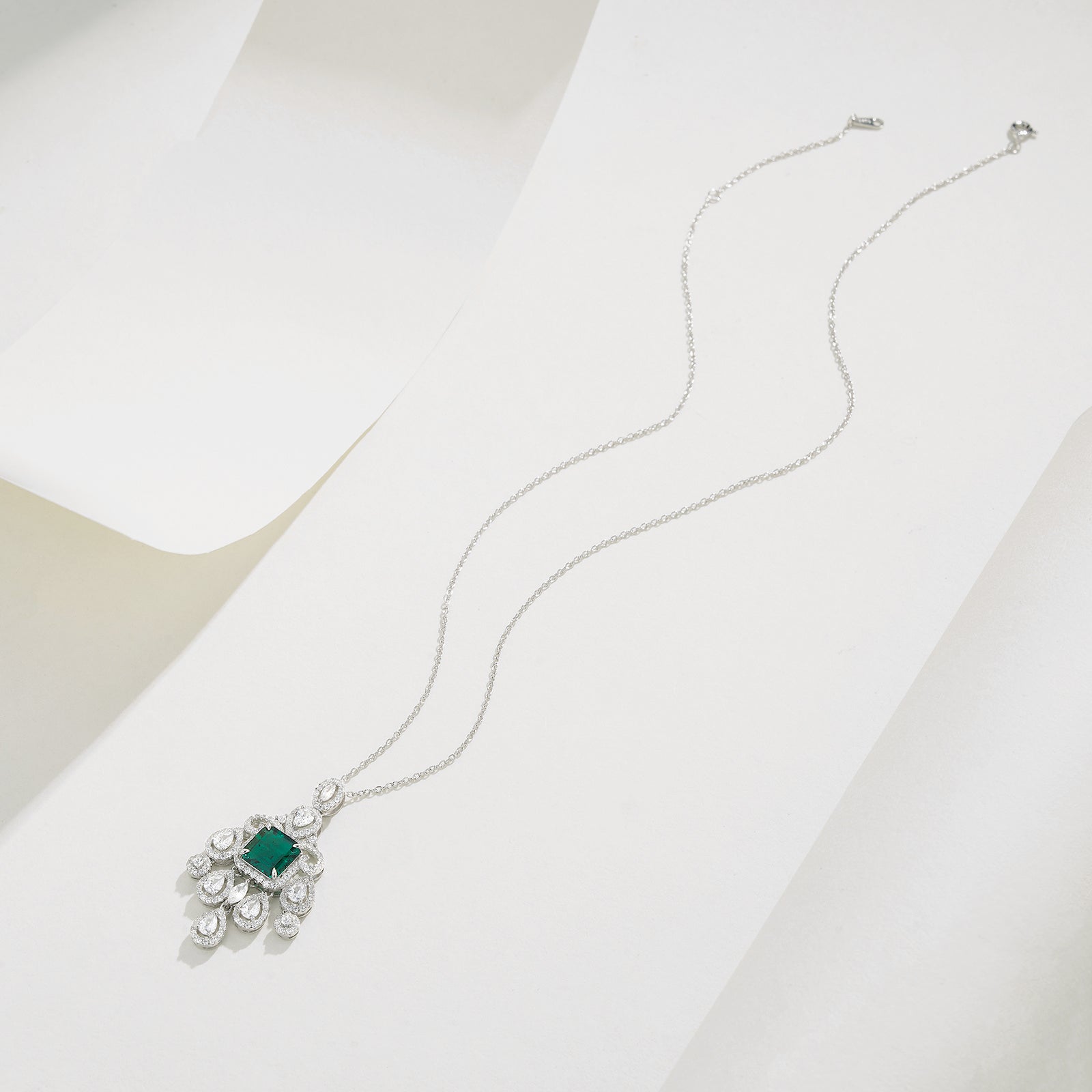 Lab-Grown Emerald - Square Emerald Diamond Vine Tassel Pendant