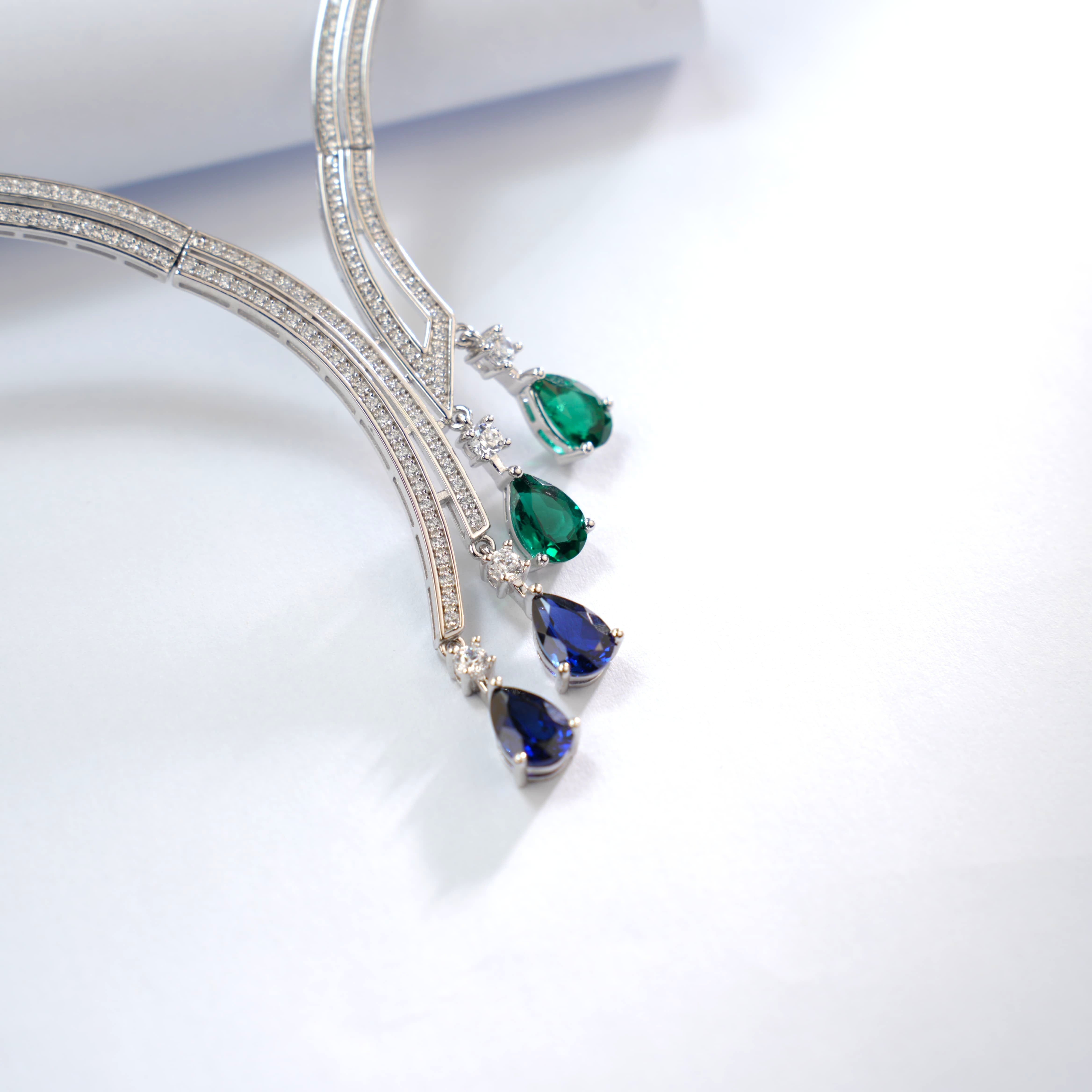 Lab-Grown Emerald - Dewy Emerald Diamond Melody Colorful Drop Necklace