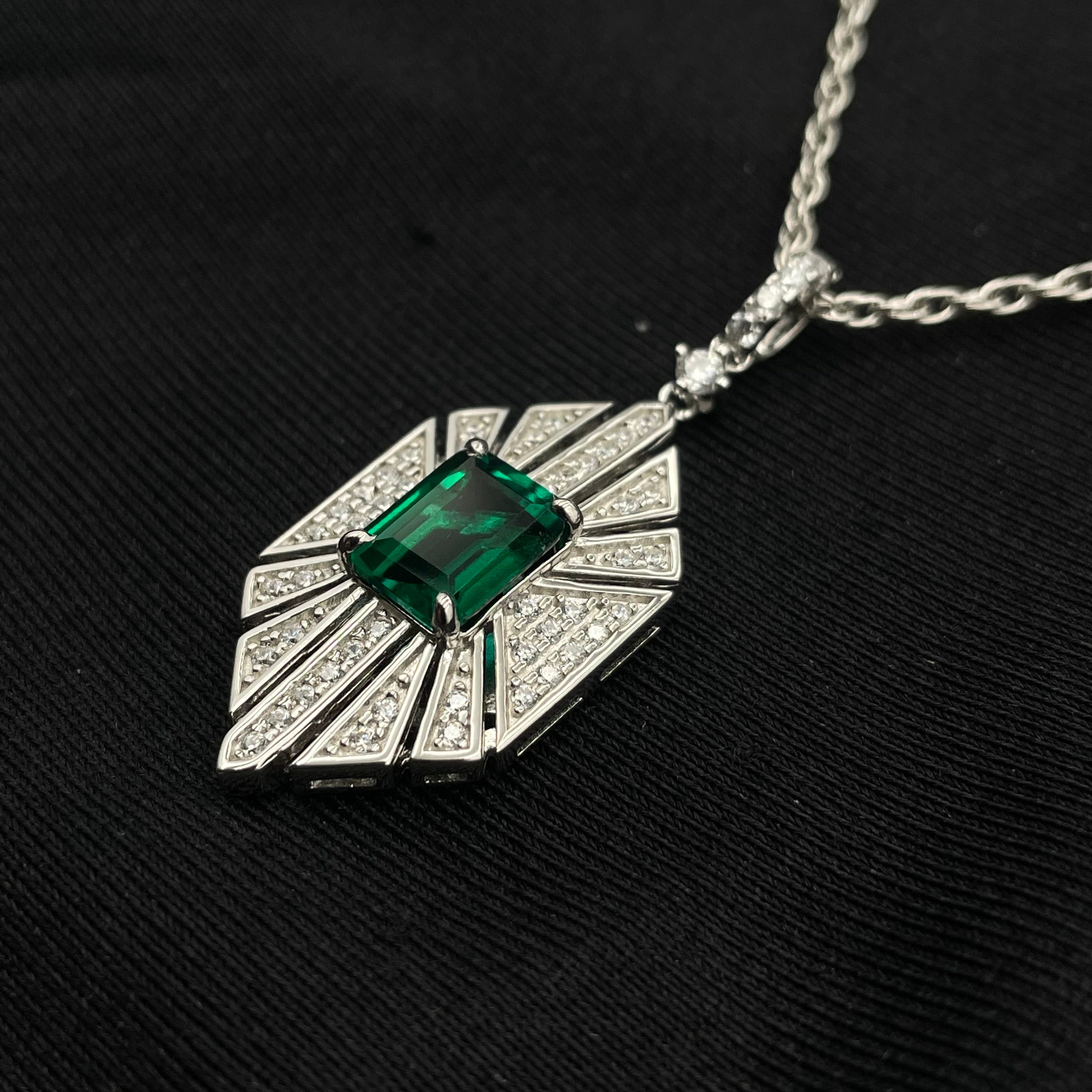 Lab-Grown Emerald - Square Emerald Diamond Wing Starburst Pendant