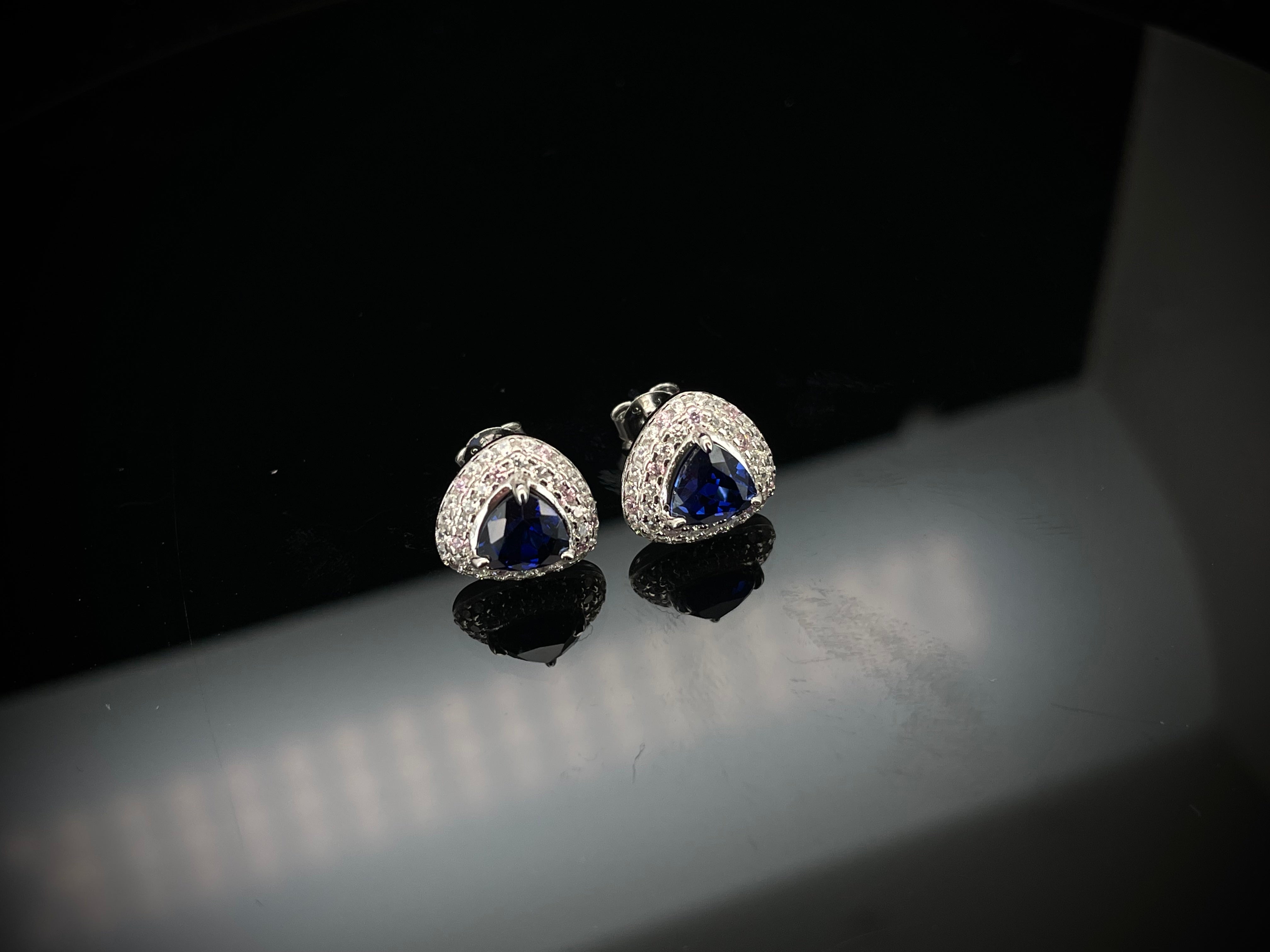 Lab-Grown Sapphire - Trillion Indigo Sapphire Diamond Pink Pavé Stud Earrings