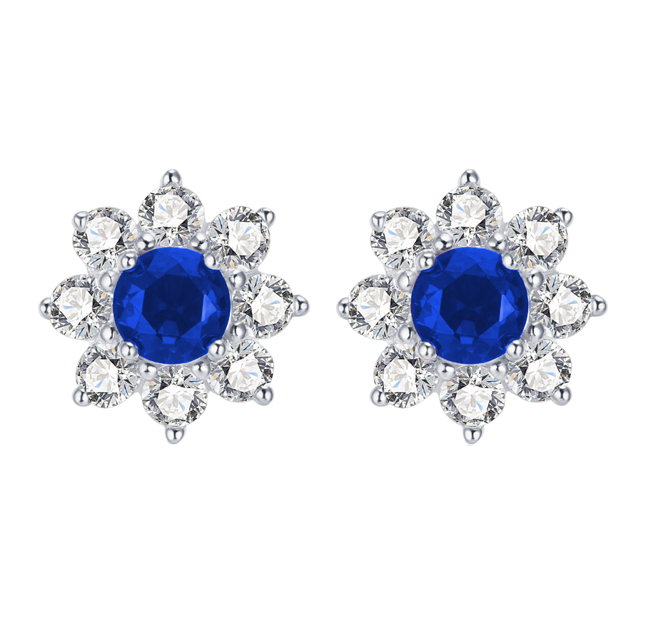 Lab-Grown Sapphire - Round Indigo Sapphire Diamond Flower Cluster Stud Earrings