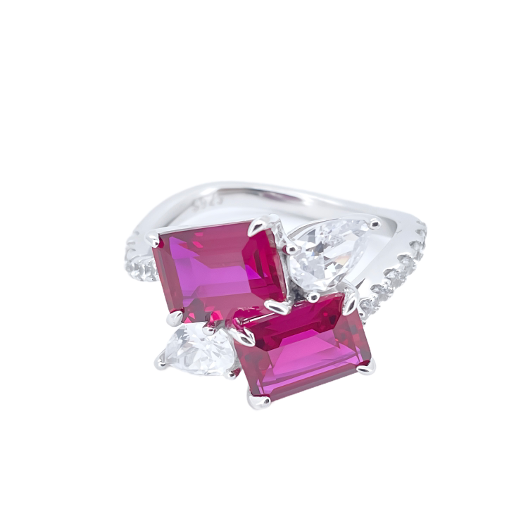 Lab-Grown Ruby - Square Ruby Diamond Layered Dynamic Ring