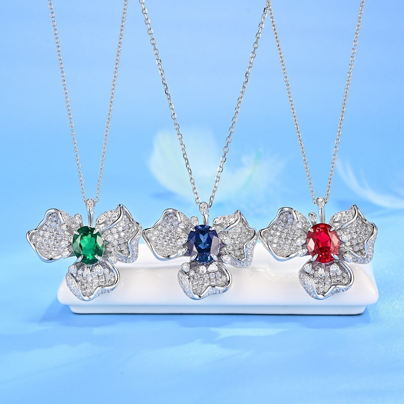 Lab-Grown Emerald - Round Emerald Diamond Floral Glow Pendant