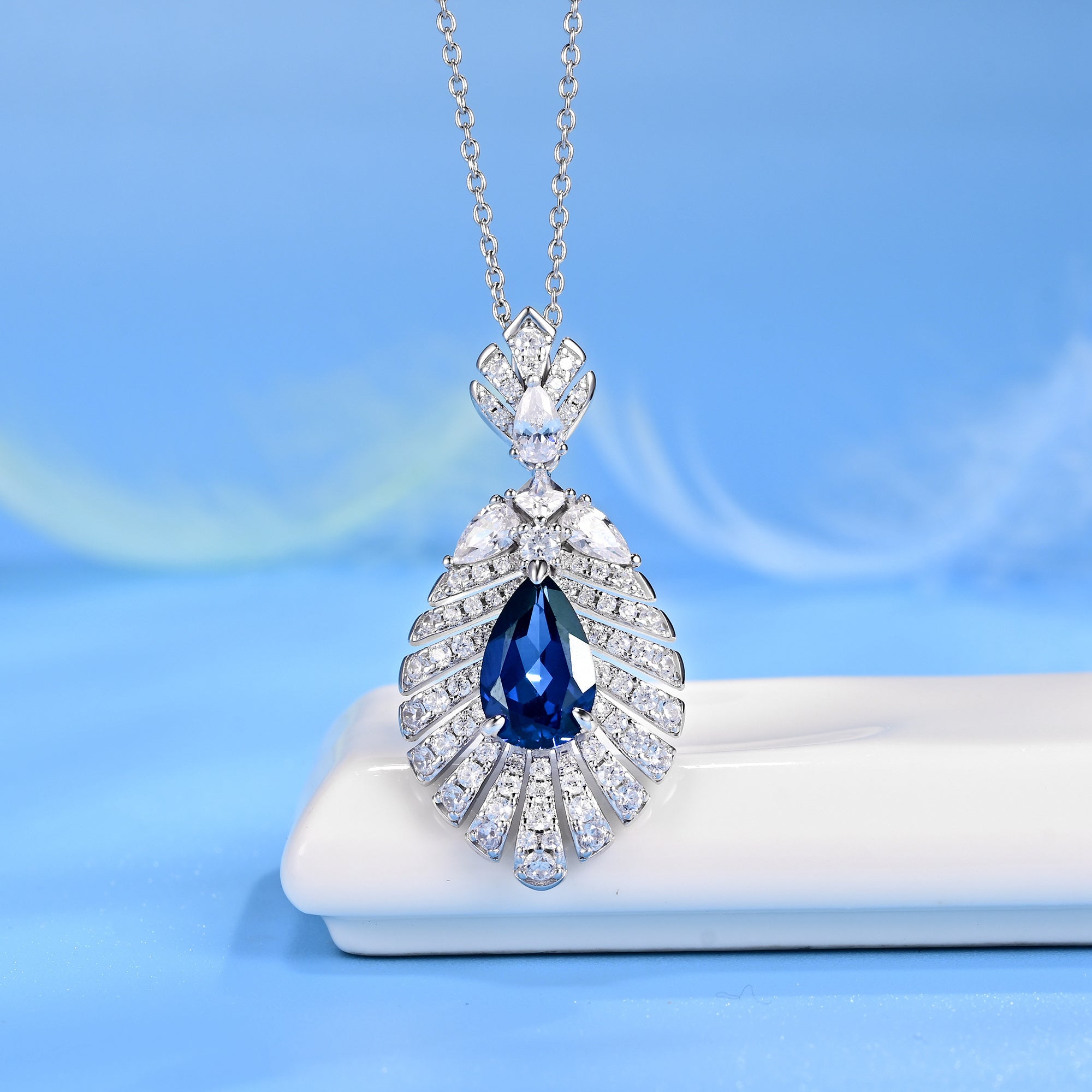 Lab-Grown Emerald - Dewy Emerald Diamond Feather Fan Pendant