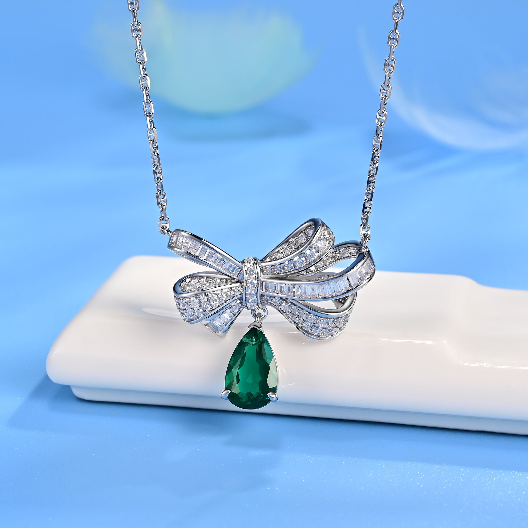 Lab-Grown Emerald - Dewy Emerald Diamond Knot Drop Necklace