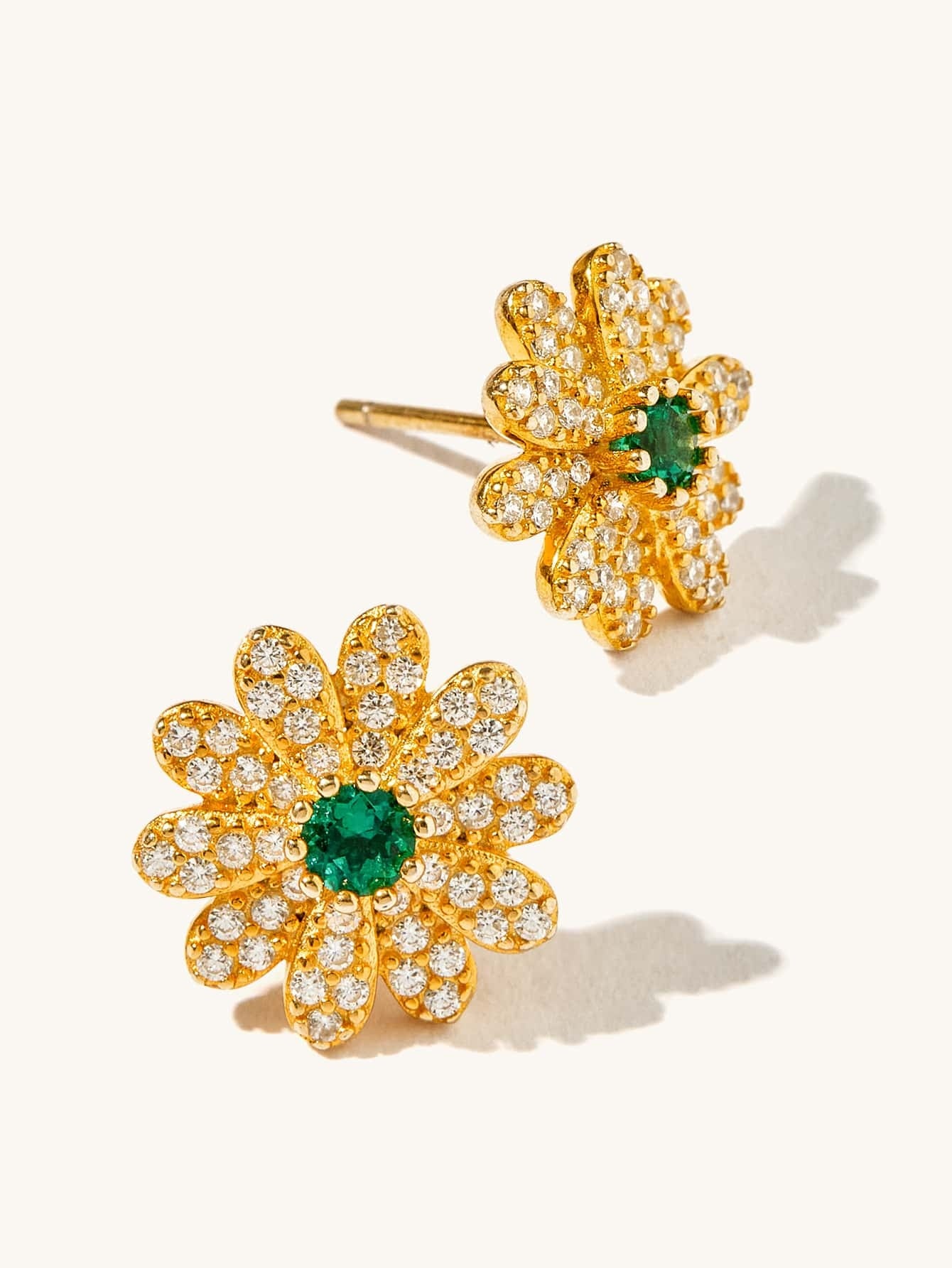 Morning Dew Among Flowers | Diamond Petals Emerald Center Earrings